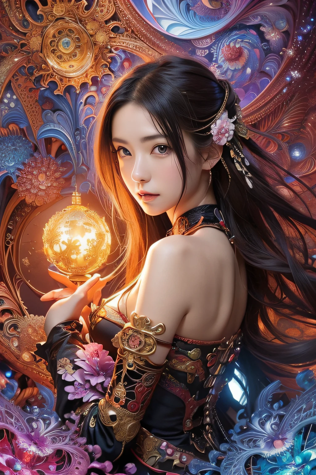 (realisticity: 1.2), best quality, 1girl, official art, unity 8k wallpaper, ultra detailed, beautiful and aesthetic, masterpiece, best quality, (zentangle, mandala, tangle, entangle), (fractal art:1.3) , 1girl, extremely detailed, dynamic angle, cowboyshot, the most beautiful form of chaos, elegant, a brutalist designed, vivid colours, romanticism, by james jean, roby dwi antono, ross tran, francis bacon, michal mraz, adrian ghenie, petra cortright, gerhard richter, takato yamamoto, ashley wood, atmospheric, ecstasy of musical notes, streaming musical notes visible