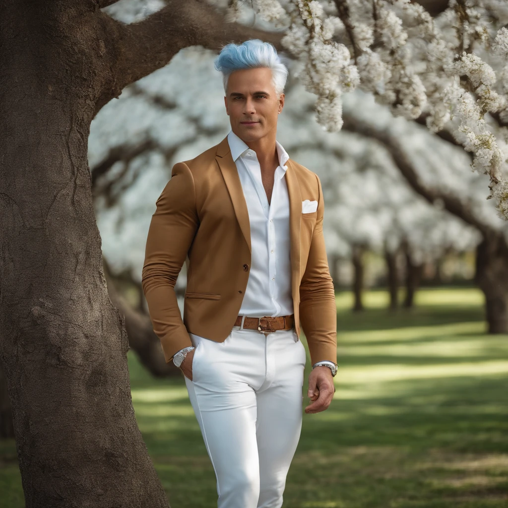 Homem elegante, Strong physique, Manto branco, white pants, blusa nobre azul claro, Botas Brancas, messy light blue hair, look of satisfaction, Noble appearance, On the background spring trees