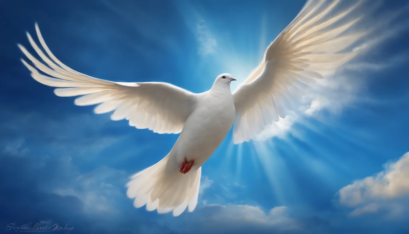 Dove representing the Holy Spirit, fundo azul, descending from the sky, religión, Estilo de pintura, luzes