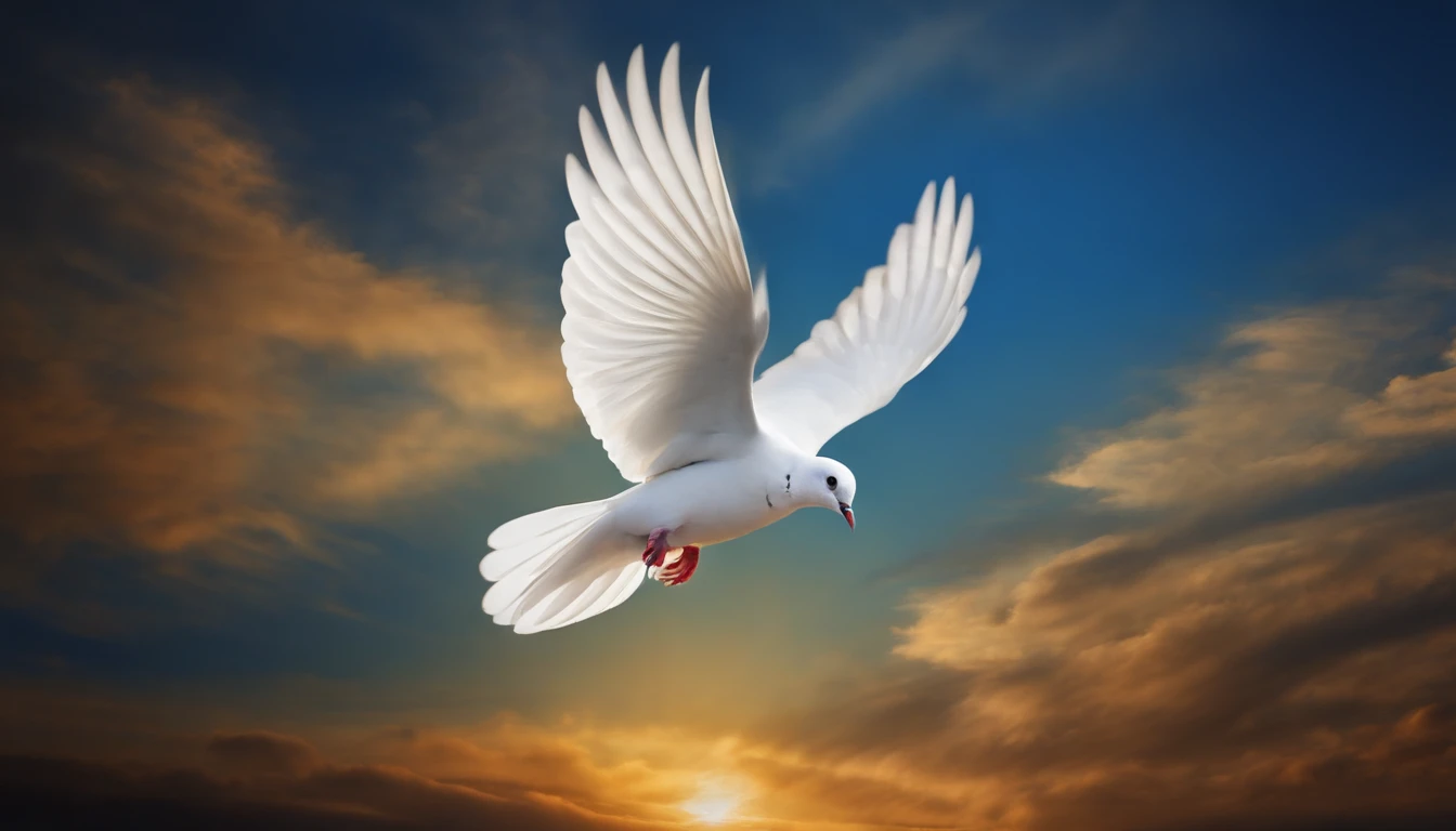 Dove representing the Holy Spirit, fundo azul, descending from the sky, religión, Estilo de pintura, luzes