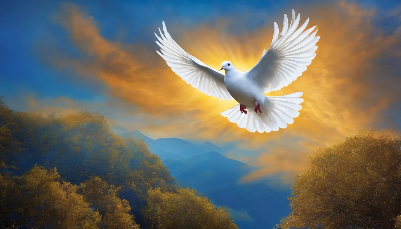 Dove representing the Holy Spirit, fundo azul, descending from the sky, religión, Estilo de pintura, luzes