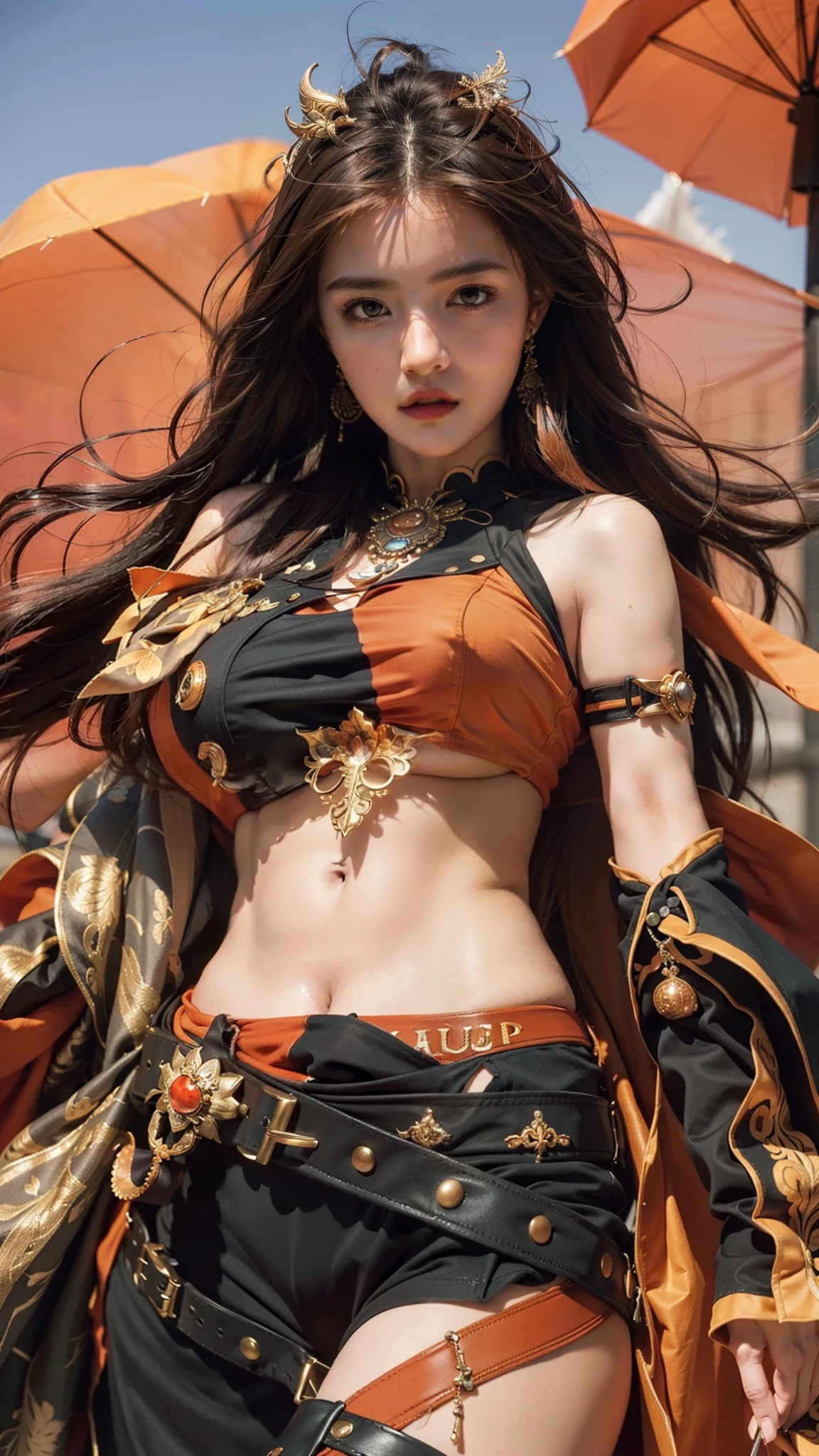 best quality, masterpiece, Large target , (Large Breasts), Delicate skin texture, Detailed fabric texture, Delicate face, Super Detail, 8k, Intricate details, 1 Girl, Orange gradient brown hair, Beautiful lips