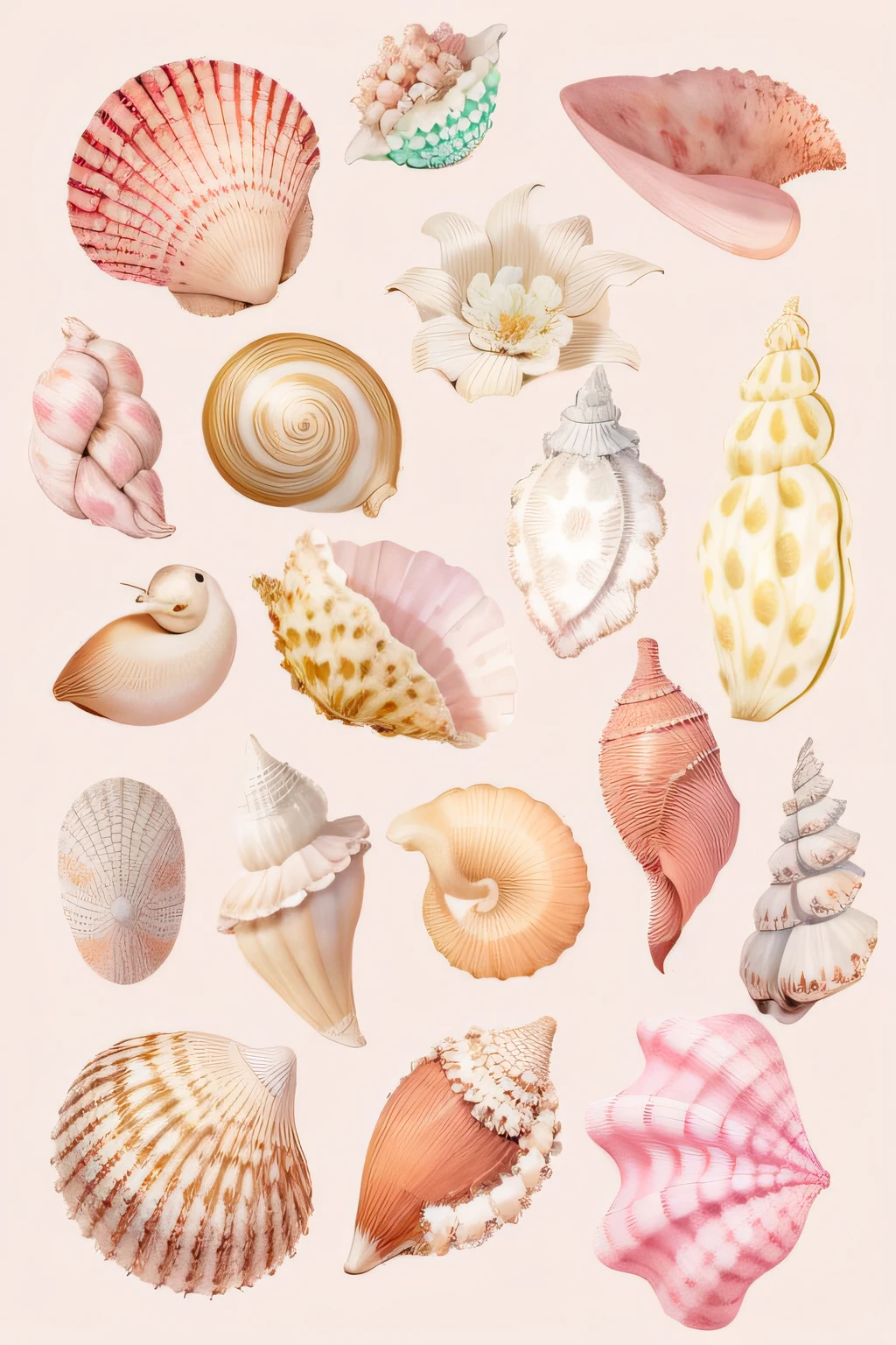 A closeup of a painting of Shells on a white surface, CONCHAS, CONCHAS, vestindo trajes de Concha, pastel-hued, pearls and shells, Concha, Gushy guelras e blush, Conchas e cracas, pastel-hued, Concha do mar, arte pastel, Casa da Concha, por Isobel Heath, arte em pastel