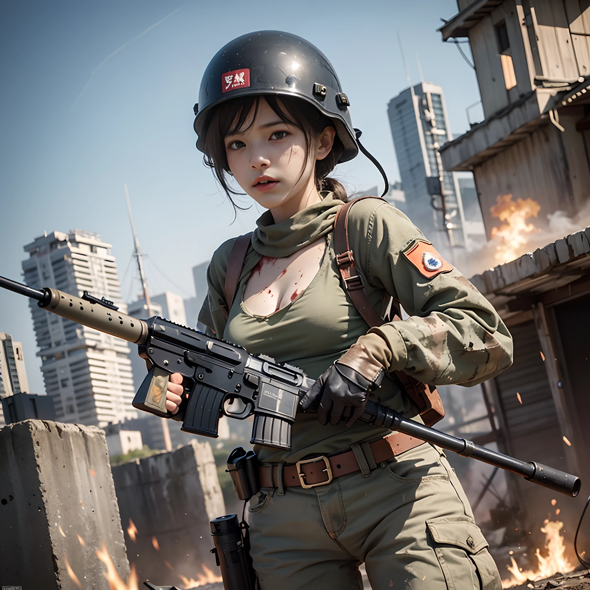 16 year old girl in beautiful Japan of Self-Defense Forces fighting on the battlefield, light muscles, world war, modern war theme, army girl, rifle, (holding a rifle: 1.3), (aiming and holding rifle: 1.3), soldier girl, infantry girl, shootout, air raid, air strike, military, camouflage uniform, burning vehicle, warzone, battlefield, war, ruins, explosion, burning city, smoke, ( helmet), torn tank top, belly button, gloves, torn military pants, face stained with mud and blood, sweaty skin, bloody skin, mud-stained skin, small, cleavage, sad expression of despair, painful expression, highest quality, ultra-high resolution, absurdity, realistic, physically based rendering, cinematic lighting, complex and cinematic appearance, cinematic soft light, soothing tone, battlefield background, urban war background, photorealistic, cowboy shot, dynamic angle