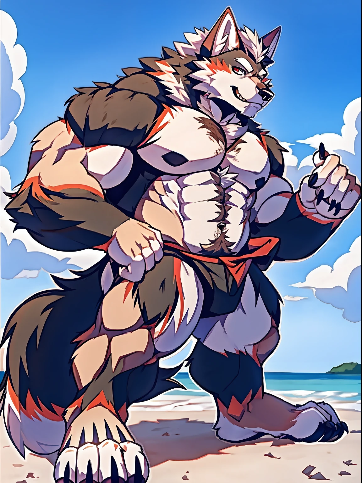 Human-wolf,musculous,Hairy all over,clawed paws,erect through