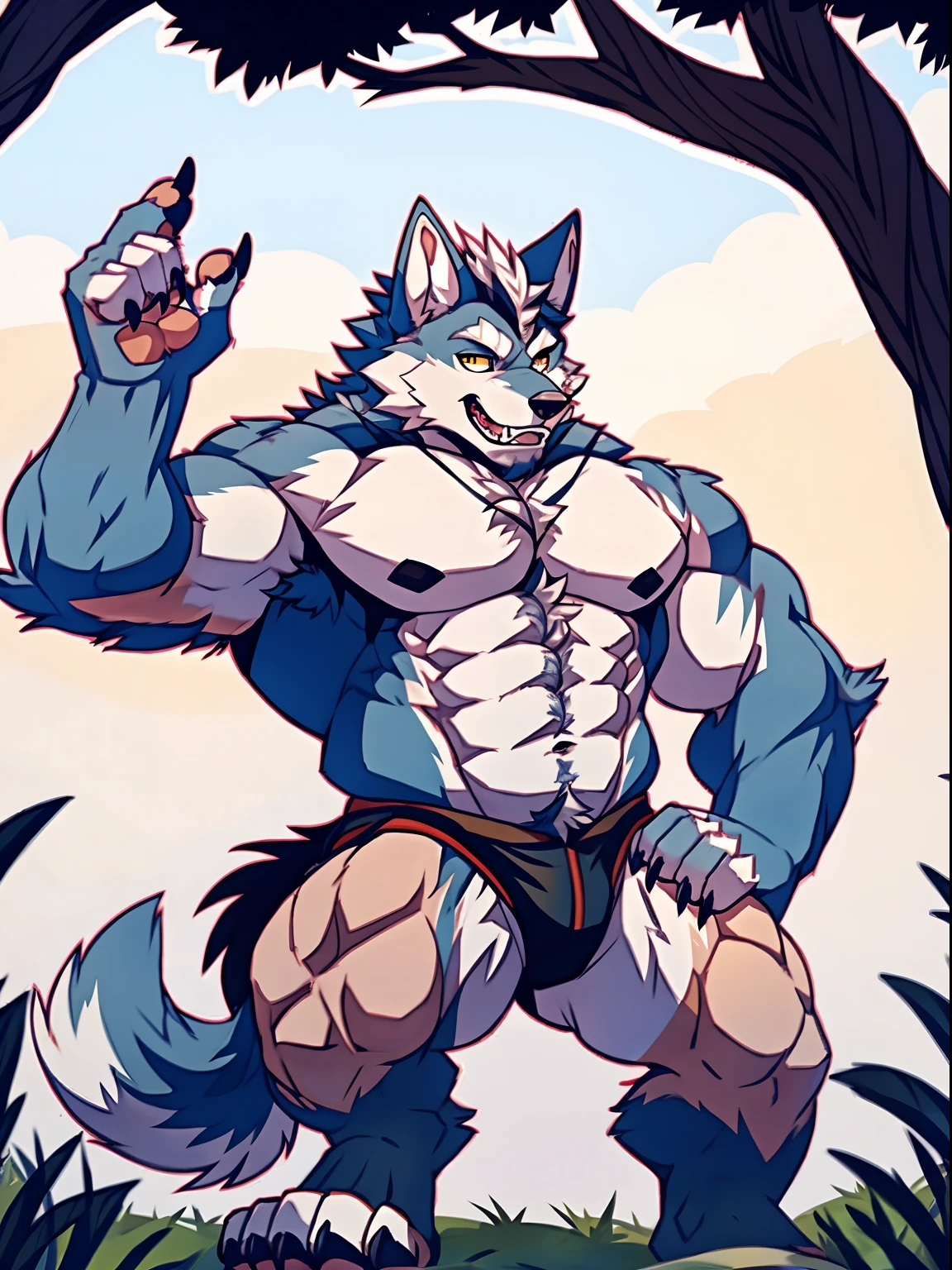 Human-wolf，musculous，Hairy all over，clawed paws，erect through