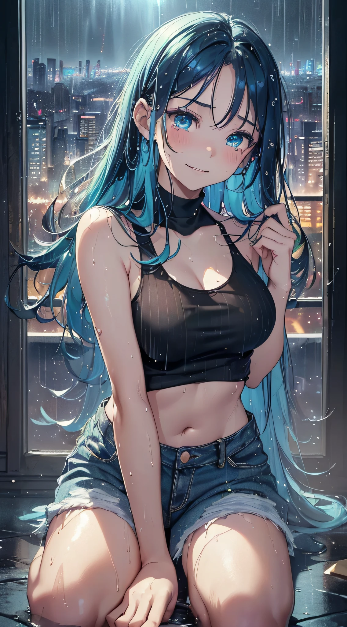 top-quality、Top image quality、​masterpiece、teens girl((sixteen years old,My whole body is full of wounds、Black tattered tank top,Tattered blue long pants、Best Bust、Bust 85、Light blue shiny hair、Longhaire,Blue-green eyes、open chest wide、Valley、Happiness、A slender、the whole body is wet、Leaning forward、closing eye、Laughing mouth、Spread your arms)）hiquality、Beautiful Art、Background with((night cityscape、Very heavy rain,Intense thunder、water world))、masutepiece、Elaborate design、visualart、Theatrical films