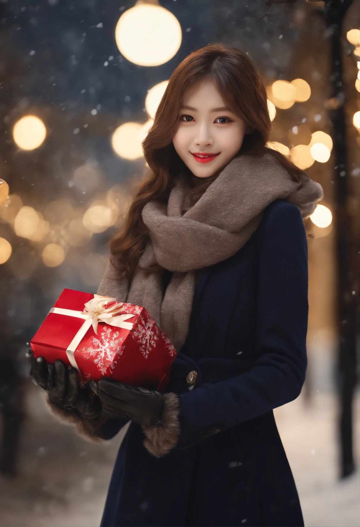 (A close-up of one girl is、I have long hair with dull bangs in a winter uniform and scarf coat:1.5)、(One girl with a shy smile、Holding a gift box with gloves in hand:1.5)、(Snowy winter night street corner with Christmas lights:1.5)、(Perfect Anatomy:1.3)、(No mask:1.3)、(complete fingers:1.3)、Photorealistic、Photography、masutepiece、top-quality、High resolution, delicate and pretty、face perfect、Beautiful detailed eyes、Fair skin、Real Human Skin、pores、((thin legs))、(Dark hair)