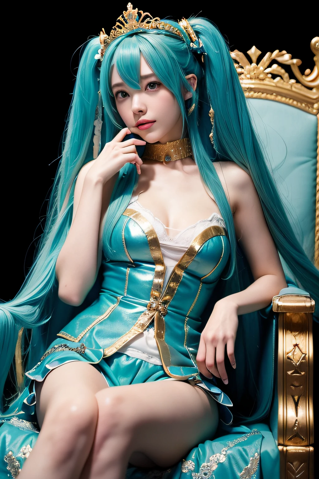 ((Body Portrait))、1girl in, (25-year-old Hatsune Miku), Princess Costume, diadems, gold, ((a throne)), Body Portrait、in a castle, medieval times, Wearing a blue vest, Put one foot on the ground, The calf of the other leg was facing outward, One hand holding the microphone, The other hand beeps across the eye., White background、Body Portrait、masterpiece, top-quality, hightquality, hight resolution