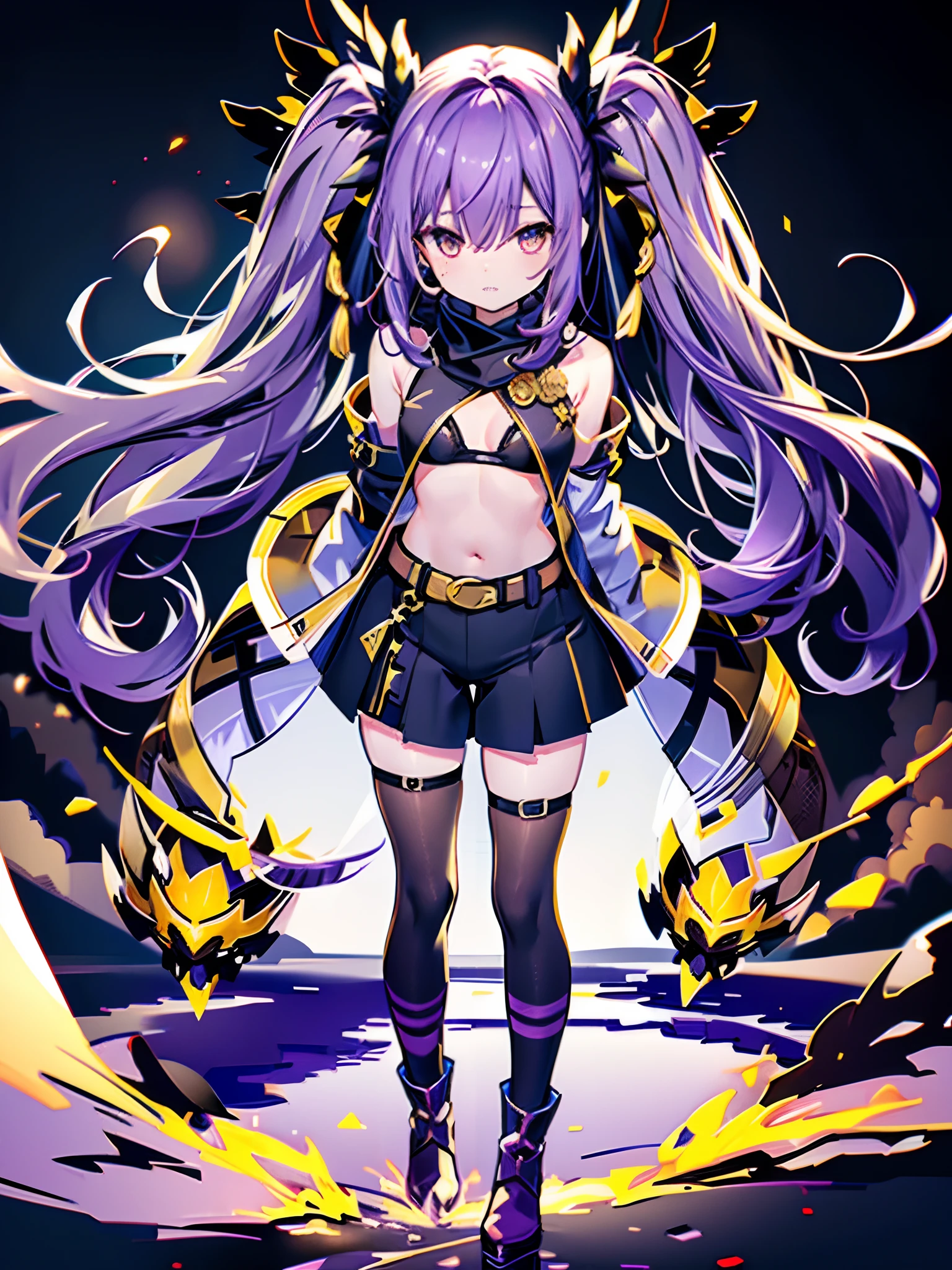 Golden Eyes、(Best Quality,4K,8K,hight resolution,),Ultra-detailed,Golden Eyes,Golden Eyes,(Curly,Wavy) Black-purple hair,Black tank top, White Hot Pants, Purple tights, long boots, adventurer, Standing Pose, White jacket、small stature、Colossal tits、Navel Ejection、look down from above、full body seen、Dynamism、Golden Eyes、Long belt、Purple Thunder、Mole under the eyes