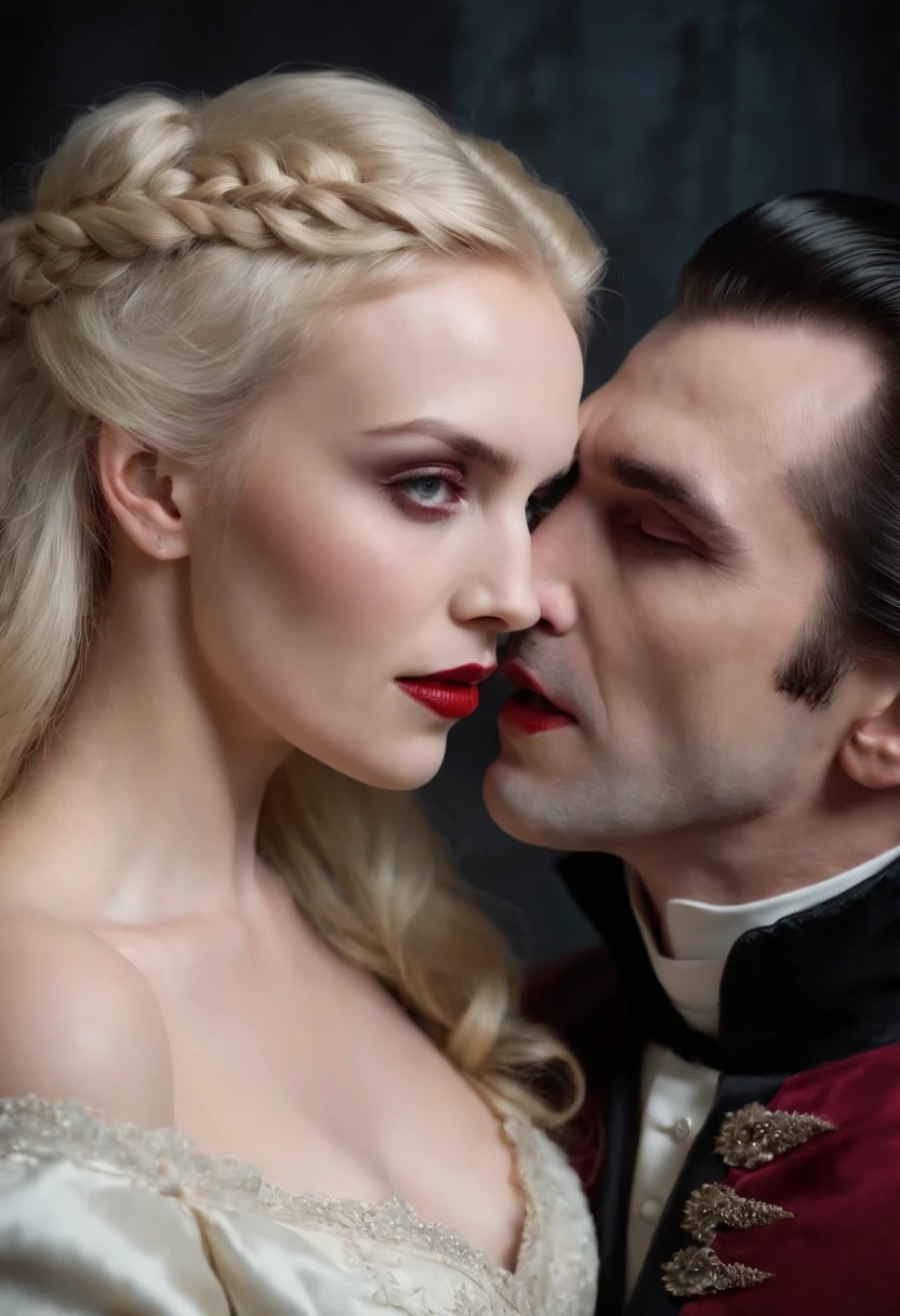 "Count Dracula and a blonde maiden, biting her neck, fangs, grisly images, graphic images, descriptive, surreal, ultra-realistic realistic, vibrant colors, horror,"
