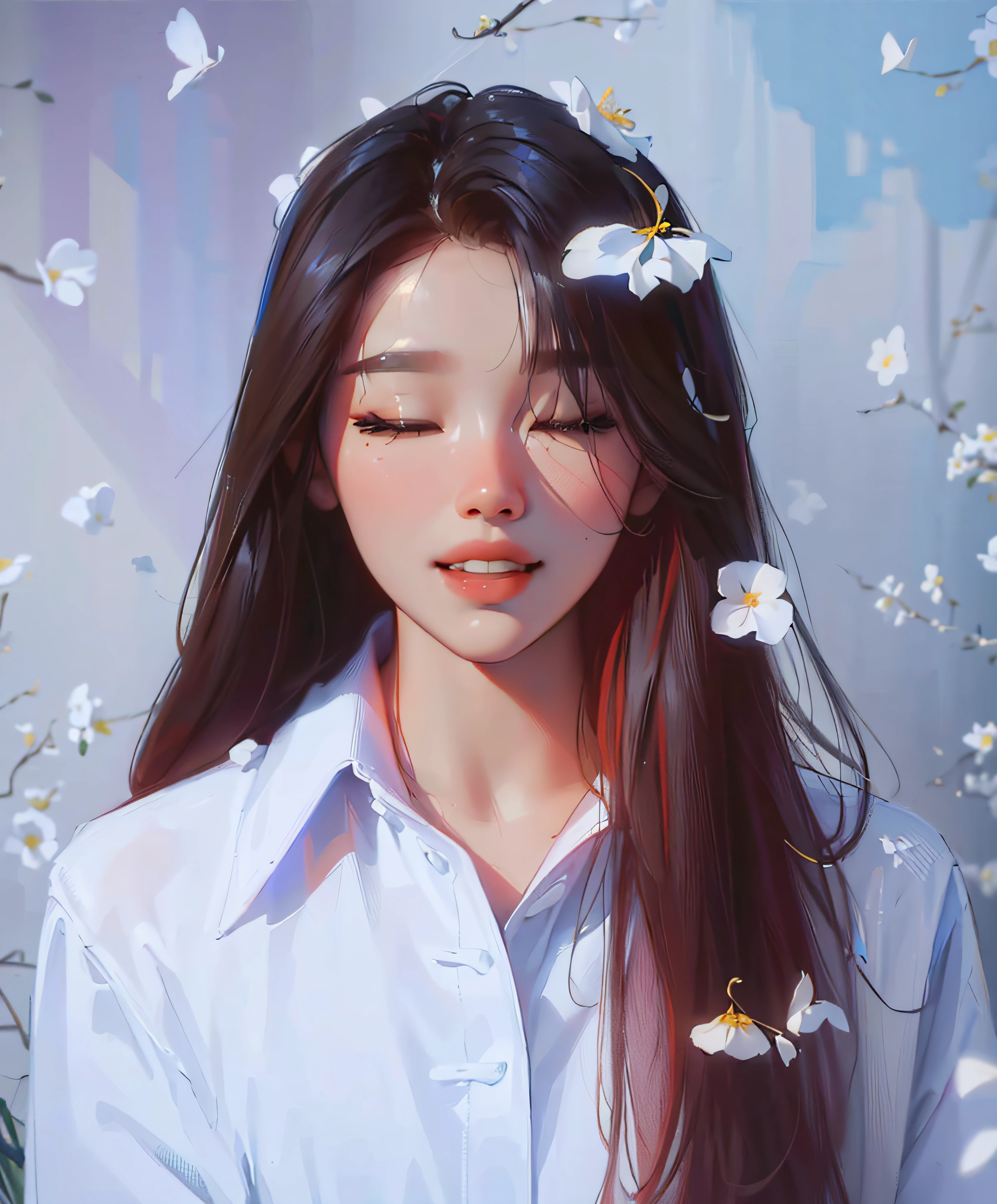 ((Best Quality, 8K, Masterpiece: 1.3)), best quality, ultra high res, (photorealistic:1.4),1girl,iu, Lee Ji-eun, arms behind back, colorful, clear sharp focus, soft lights, Intricate details, perfect face, smiling, close eyes, arafed woman with long hair and white flowers in her hair, bae suzy, jaeyeon nam, with flowers, taejune kim, beautiful south korean woman, portait photo profile picture, korean girl, headshot profile picture, blackpink jennie, inspired by Kim Jeong-hui, kim doyoung, heonhwa choe, jinyoung shin, park ji-min, fanart, close eyes