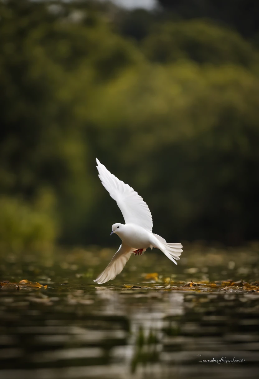 Por favor, Create an image of a white house dove that is floating gently in the air, as though she is dancing. I want the image to convey a sense of hope and tranquility. A pomba da casa deve parecer leve e graciosa, com asas brancas amplas que se movem suavemente. A paisagem circundante deve ser serena, with a clear blue sky and some fluffy clouds. A luz do sol deve iluminar a cena, criando um ambiente acolhedor e reconfortante. Por favor, ensure that the image conveys a sense of optimism and promise of a better future. ULTRARREALISTA, 8k, fotorrealista