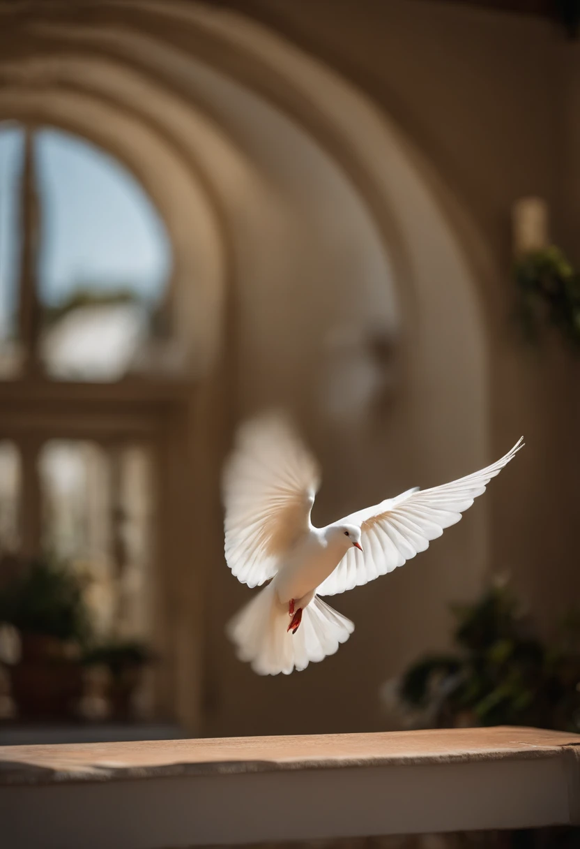 Por favor, Create an image of a white house dove that is floating gently in the air, as though she is dancing. I want the image to convey a sense of hope and tranquility. A pomba da casa deve parecer leve e graciosa, com asas brancas amplas que se movem suavemente. A paisagem circundante deve ser serena, with a clear blue sky and some fluffy clouds. A luz do sol deve iluminar a cena, criando um ambiente acolhedor e reconfortante. Por favor, ensure that the image conveys a sense of optimism and promise of a better future. ULTRARREALISTA, 8k, fotorrealista