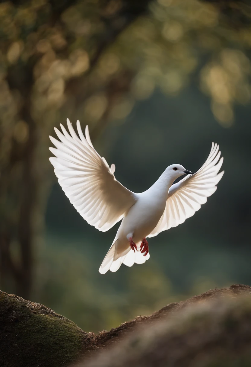 Por favor, Create an image of a white house dove that is floating gently in the air, as though she is dancing. I want the image to convey a sense of hope and tranquility. A pomba da casa deve parecer leve e graciosa, com asas brancas amplas que se movem suavemente. A paisagem circundante deve ser serena, with a clear blue sky and some fluffy clouds. A luz do sol deve iluminar a cena, criando um ambiente acolhedor e reconfortante. Por favor, ensure that the image conveys a sense of optimism and promise of a better future. ULTRARREALISTA, 8k, fotorrealista