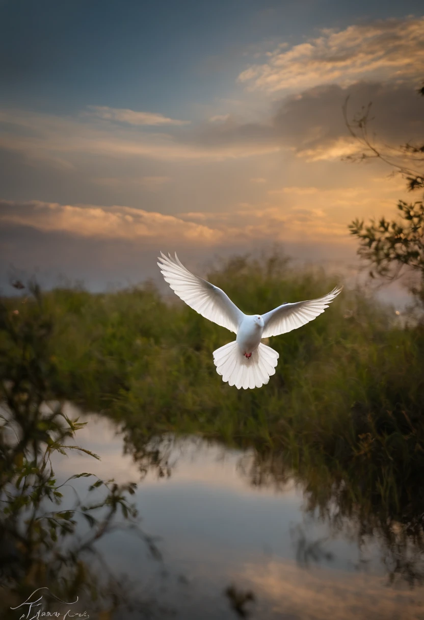 Por favor, Create an image of a white house dove that is floating gently in the air, as though she is dancing. I want the image to convey a sense of hope and tranquility. A pomba da casa deve parecer leve e graciosa, com asas brancas amplas que se movem suavemente. A paisagem circundante deve ser serena, with a clear blue sky and some fluffy clouds. A luz do sol deve iluminar a cena, criando um ambiente acolhedor e reconfortante. Por favor, ensure that the image conveys a sense of optimism and promise of a better future. ULTRARREALISTA, 8k, fotorrealista