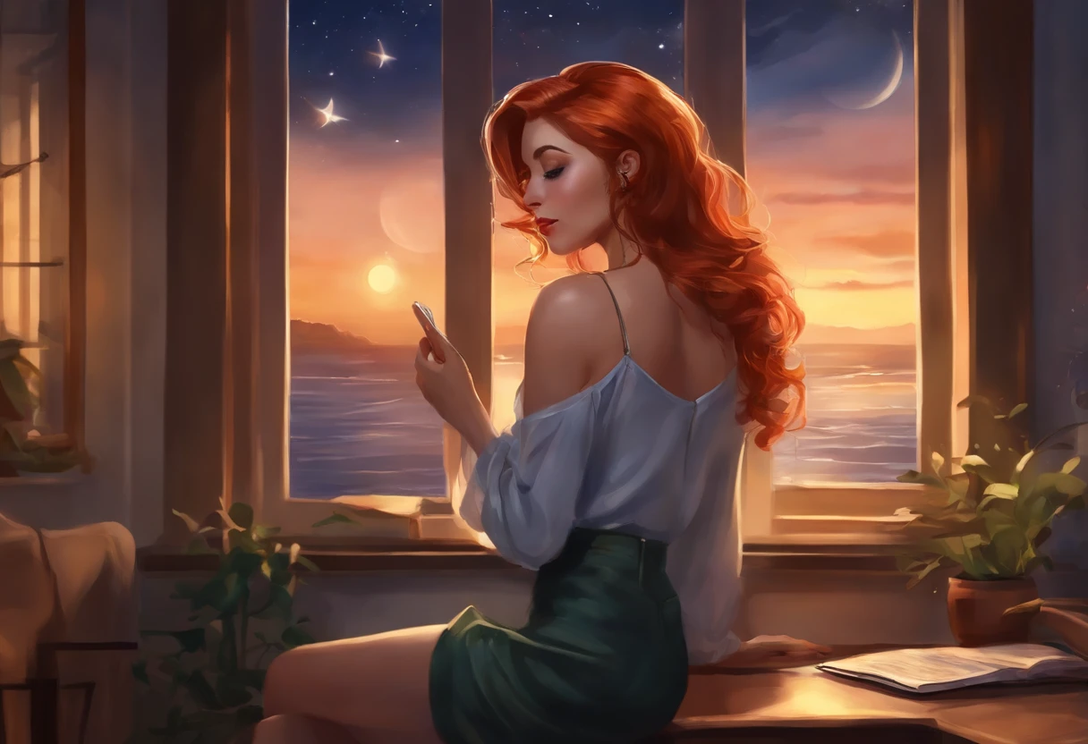 Create watercolor image of a beautiful sexy girl listening to music in her office next to her bedroom window during the night when there is moon and sea, Best quality, {Best quality}, {high resolucion}, Foyer, Style anime, Gros plan d'une caricature de femme, Design de fille, portrait, Giesha, Image d'anime, cheveux longs, cheveux roux, redhead, Yeux droits, look poli et puissant, exotique, grand, Rousseur, gai, Casual chic wear, colourfull, Couleurs