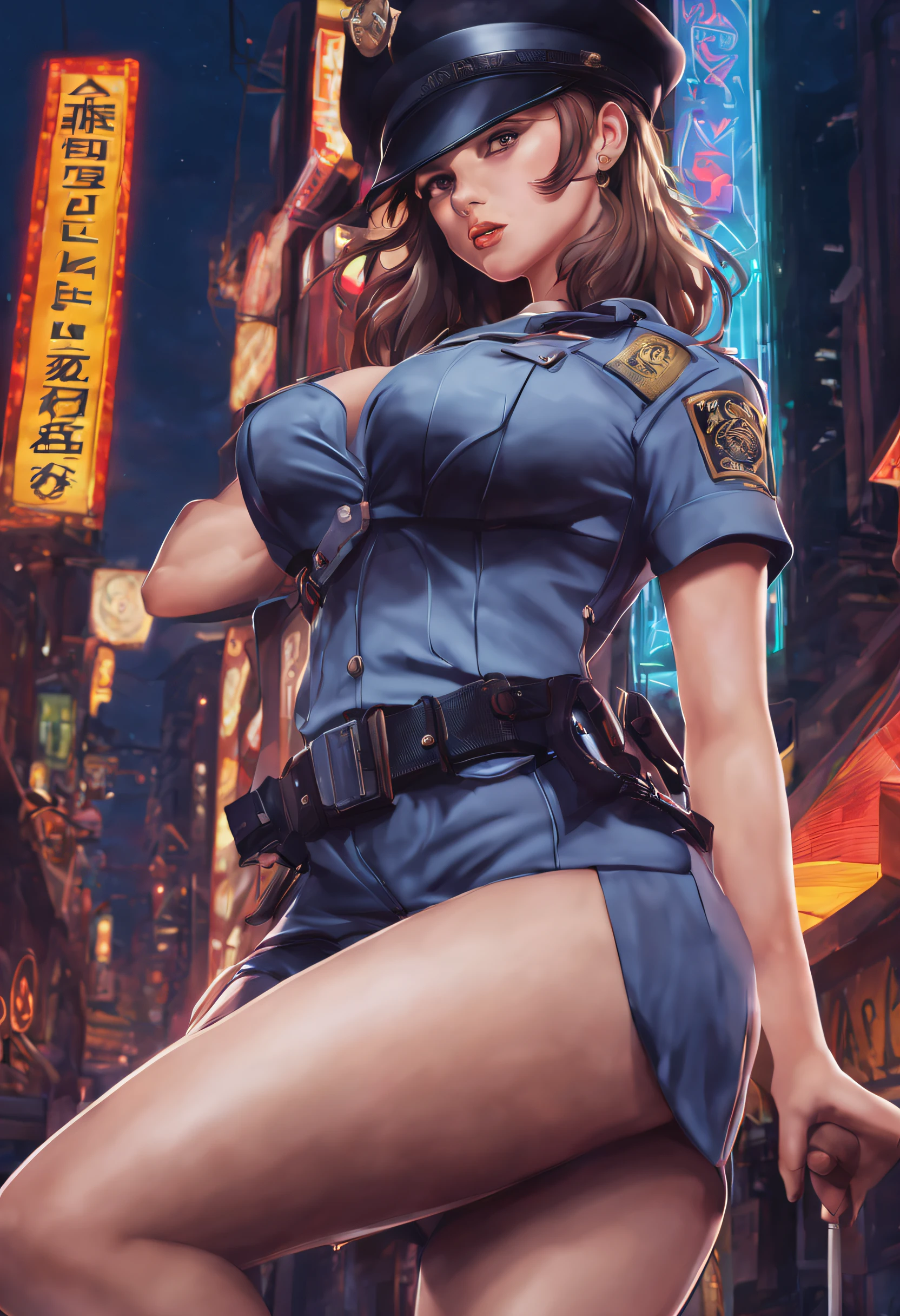 looking at viewer, police outfit, police hat, thick thighs, large breasts, sagging breasts, angled view, hands behind head, (masterpiece), (best quality:1.2), absurdres, intricate details, city, night, neon signs, cinematic lighting, (highly detailed skin:1.2)