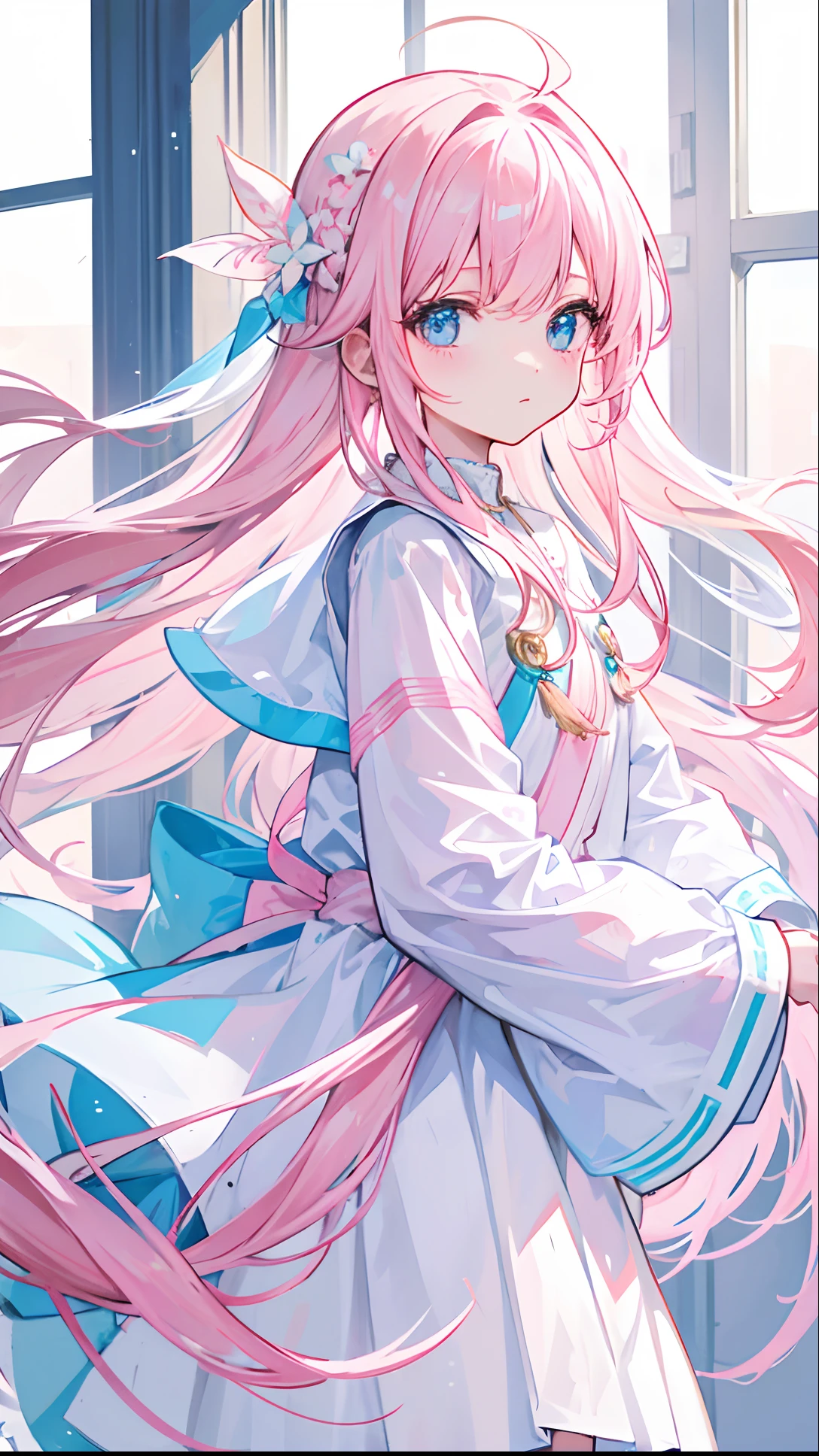 Long hair with light pink and white，Blue, White and pink clothes，She is a cute and cute girl，Transfer sister，It looks very light and gentle