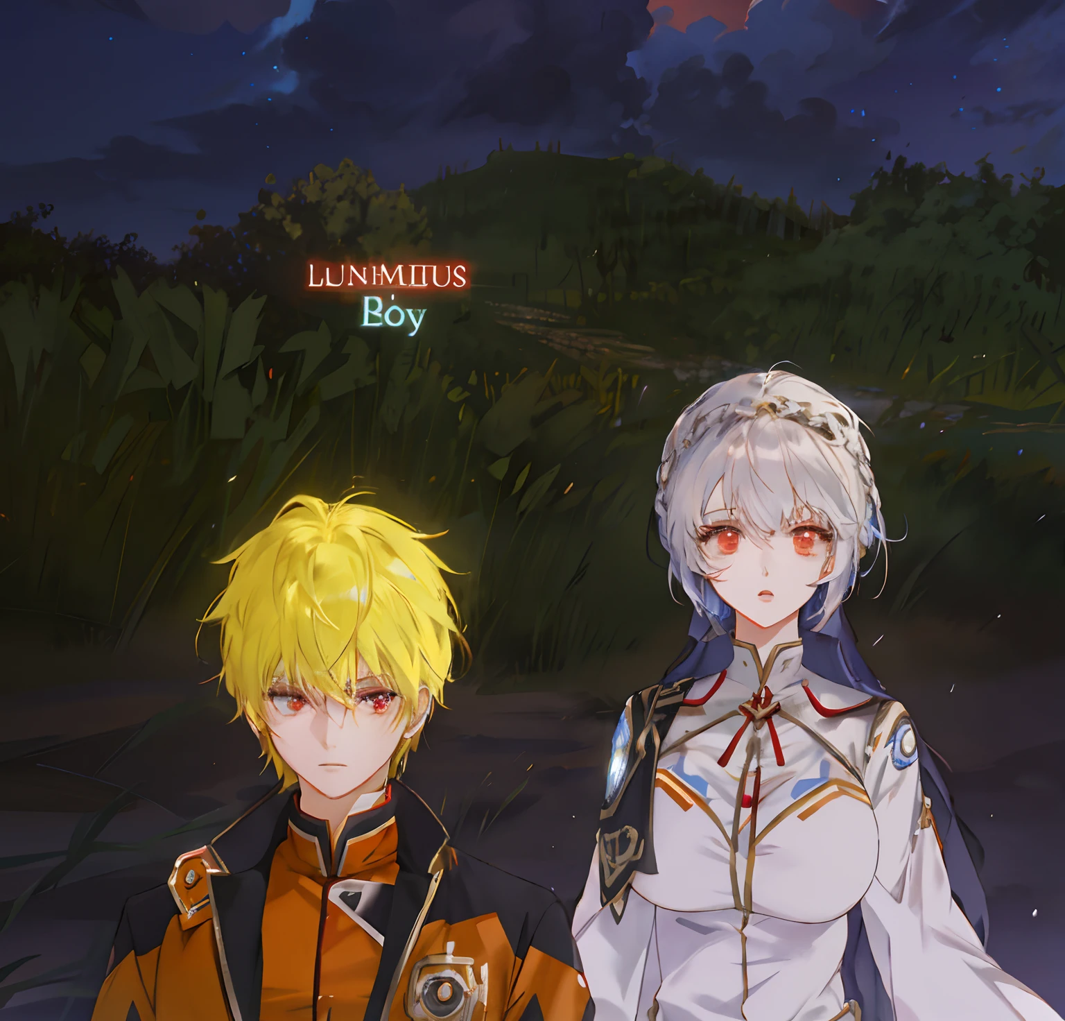 anime characters in costumes standing next to each other in a field, with huge luminous sad eyes, luminous eyes, luminous scene, luminous red eyes, luminous capes, glowing eyes everywhere, <mmorpgs scene, luminous sky, luminous skies, luminescent eyes, perfect eyes