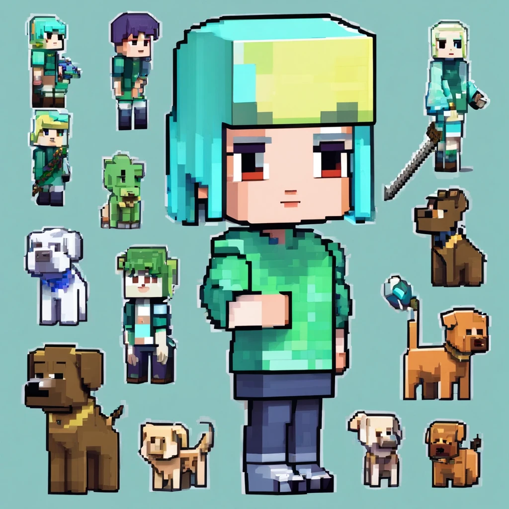 Girl with short hair,Pale blue hair,Pale green sweatshirt,shorter pants,Holding a diamond sword,Pet dogs