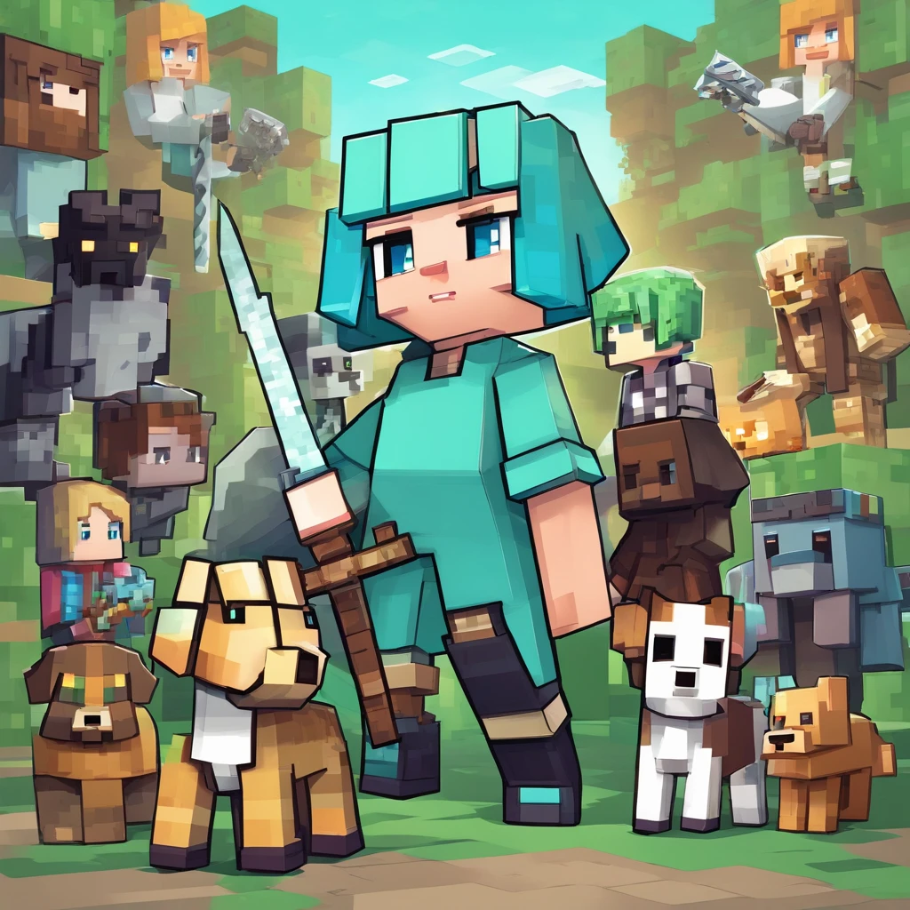 Girl with short hair,Pale blue hair,Pale green sweatshirt,shorter pants,Holding a diamond sword,Pet dogs