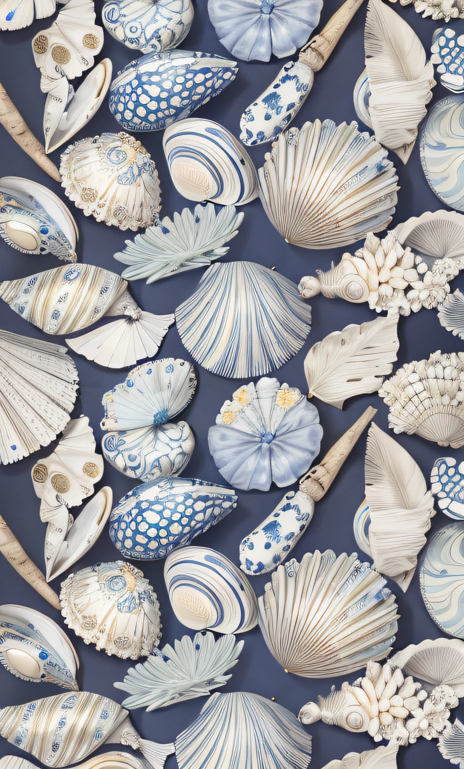 A closeup of a blue and white pattern with seashells, conchas e cracas, Conchas, Conchas, vestindo trajes de concha, ocean pattern, Concha do mar, pearls and shells, concha, Gushy guelras e blush, litoral, mar detalhado, Buzios, inspirado em Raoul Dufy, inspirado por Paul Howard Manship