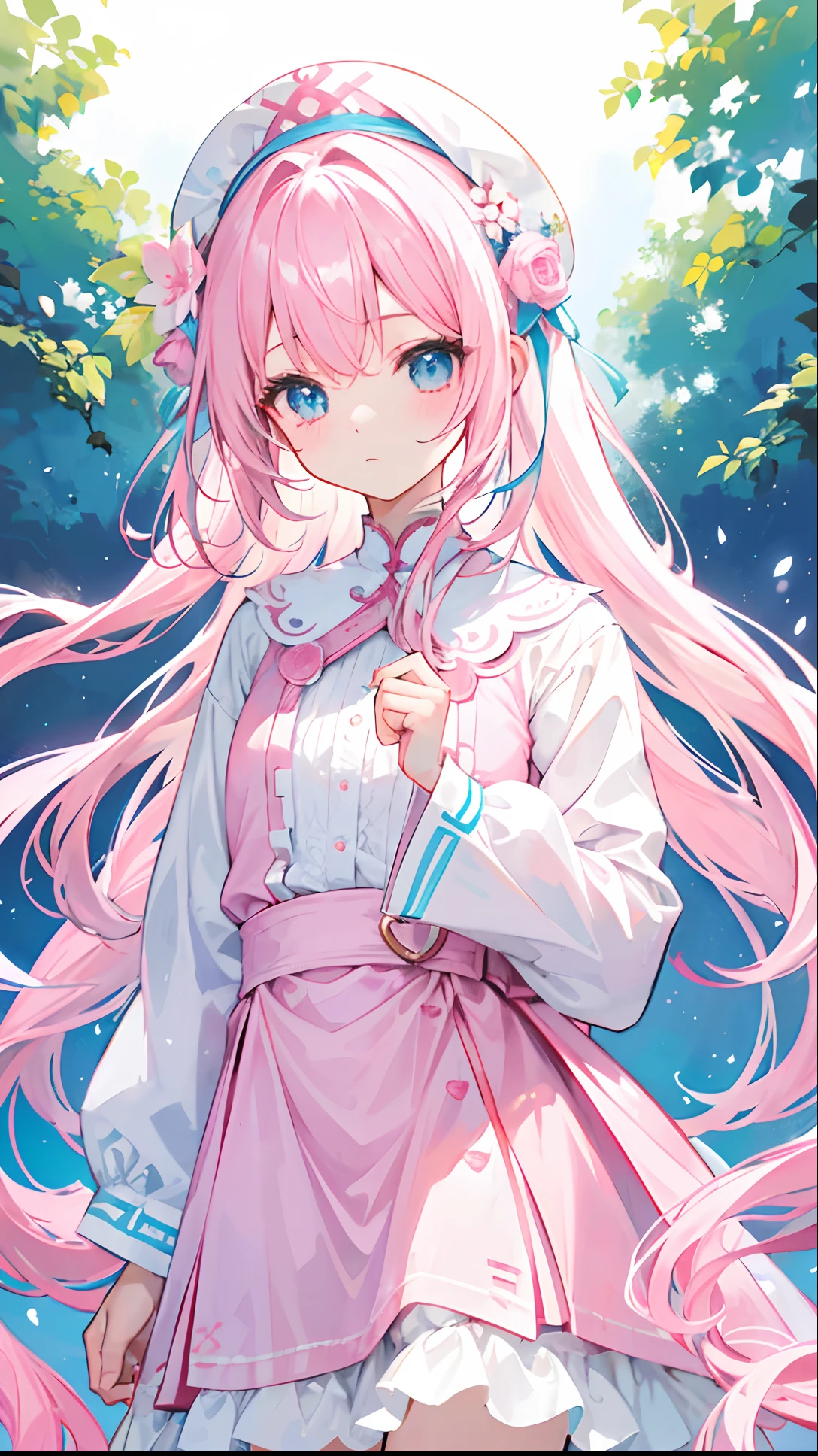 Long hair with light pink and white,Blue, White and pink clothes,She is a cute and cute girl,Transfer sister,It looks very light and gentle