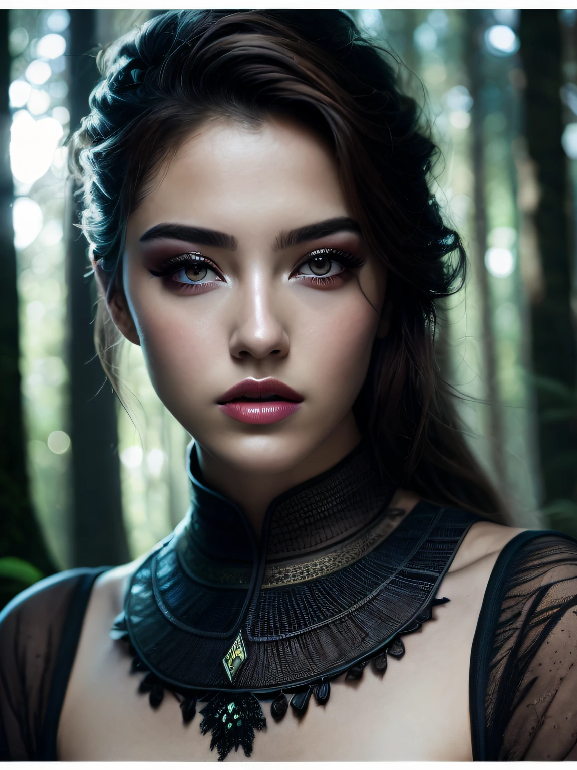 Close-up of a beautiful woman in the forest with heavy makeup, soft volumetric light, (backlight: 1.3), (movie: 1.2), intricate details, (ArtStation: 1.3), Rutkowski