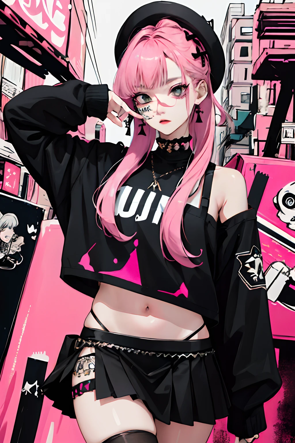(masuter piece:1.2、top-quality)、(Live action、Intricate details)、(1lady、独奏、The upper part of the body、Colossal tits) garments: Edgy、Black jumper、Pink mini skirt、Avant-garde、Experimental appearance: Long pink hair、Dramatic makeup、Unconventional fashion choices behavior: Rebel、Runaway Ladies Leader、secretary-general、Black jumper、Pink mini skirt、Anti-system、Provocative Location: urban art district、Underground Music Scene Hobbies: Bad girl、Create mixed media art、Experiment with different subcultures values: individuality、authenticity、Creative Expression Inspiration: Runaway Ladies Leader、secretary-general、Counterculture icons、Nature: boldness、Unconventional。