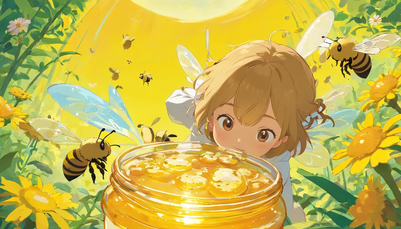Erstellen Sie eine Illustration, in which bee-like creatures feast on honey jar. Imagine these bee-like creatures, die den honig mit ihren winzigen Beinen halten und es begeistert verschlingen, (honig)