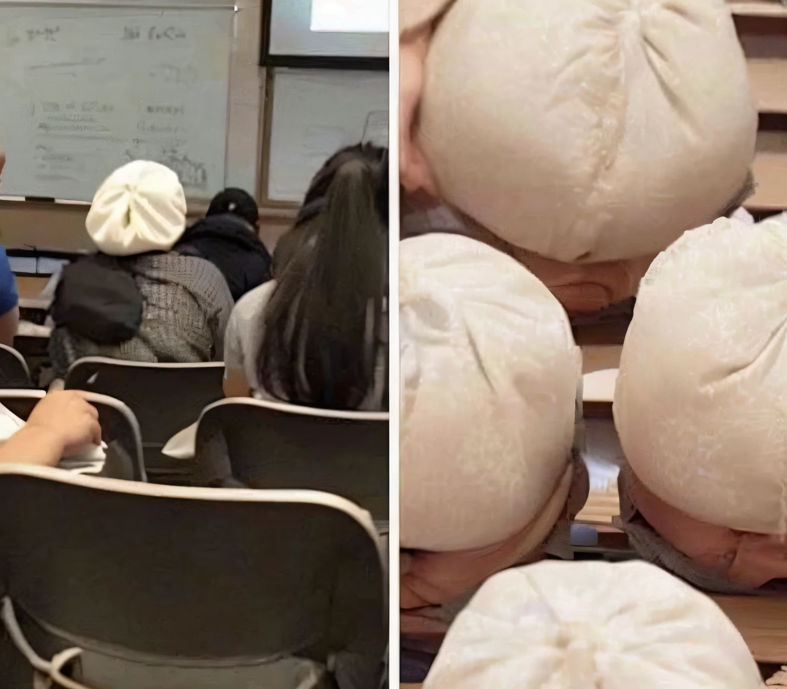 Arafard image of a man in a white shirt and a woman in a blue shirt, this kind of smart, Bun ), Steamed buns, Tight bag, at college, Accurate perspective, candid, meme format, candid shot, very accurate photo, college aged, Accidentally photographed, Red Dieter meme, meme template, In the school classroom, Bun, clone, crispy buns