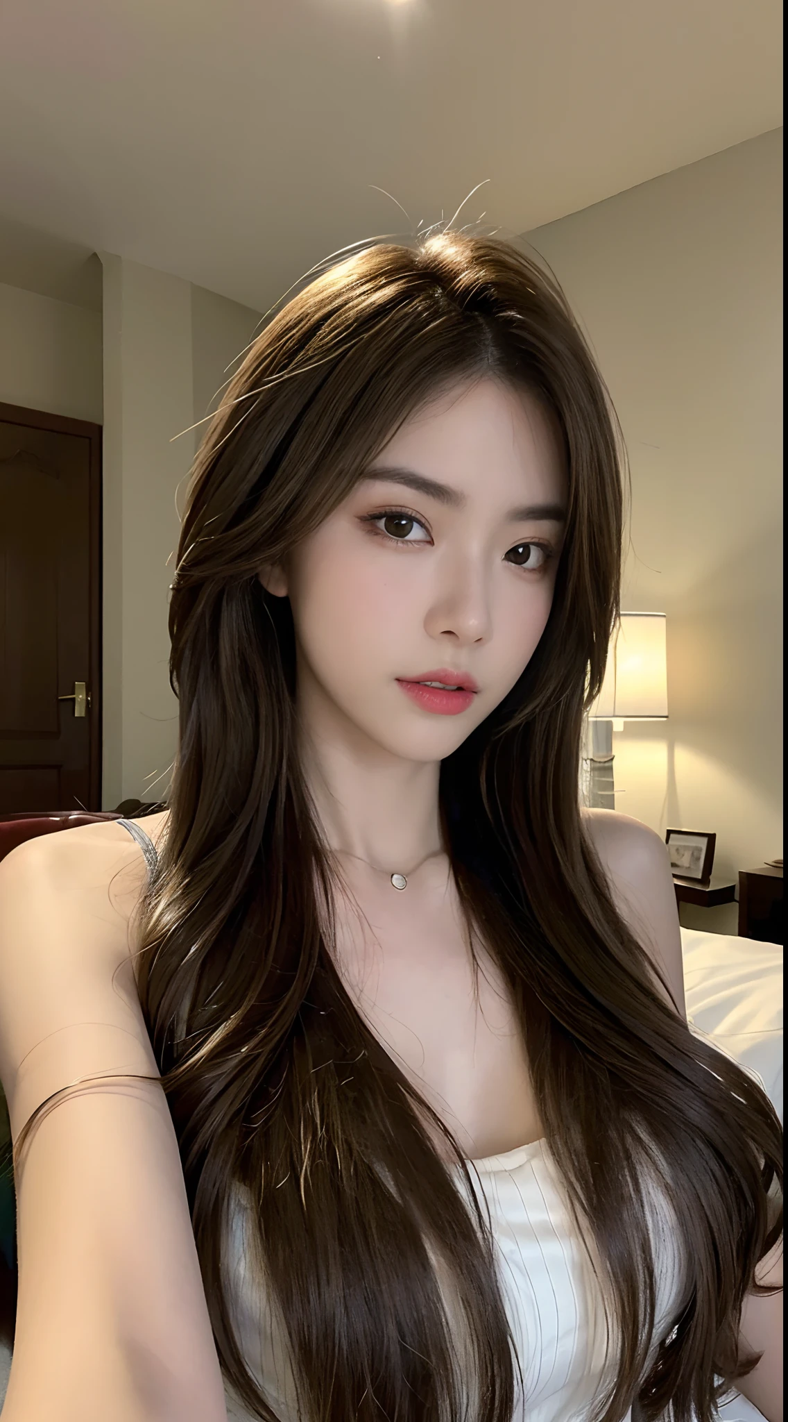 ((Realistic lighting、top-quality、8K、​masterpiece:1.3))、Clear focus:1.2、perfect anatomia、nsfw:1.2,((nudde:1.3))、1girl in、perfectbodybeauty:1.4、Slim abs:1.1、dark-brown eyes、((dark brown hair、middlebreasts:1.2))、(Acceleration:1.4)、Slender face、on the beds、laying on back、Lying、Open your legs、Looking at the camera、(24 year old:1.3)、hyperdetailed face、A detailed eye、二重まぶた、a necklace、Bird's eye view