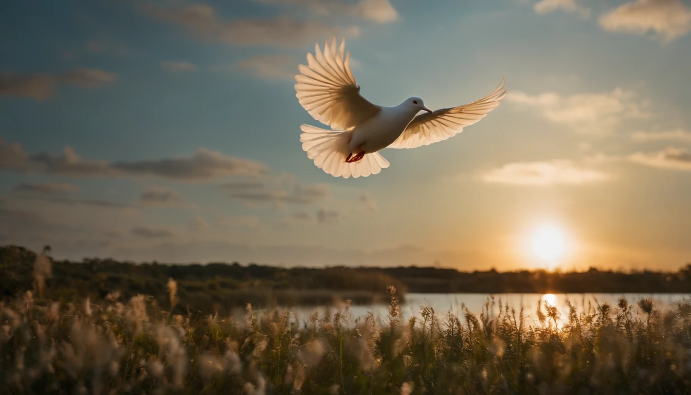 Por favor, Create an image of a white house dove that is floating gently in the air, as though she is dancing. I want the image to convey a sense of hope and tranquility. A pomba da casa deve parecer leve e graciosa, com asas brancas amplas que se movem suavemente. A paisagem circundante deve ser serena, with a clear blue sky and some fluffy clouds. A luz do sol deve iluminar a cena, criando um ambiente acolhedor e reconfortante. Por favor, ensure that the image conveys a sense of optimism and promise of a better future. ULTRARREALISTA, 8k, fotorrealista