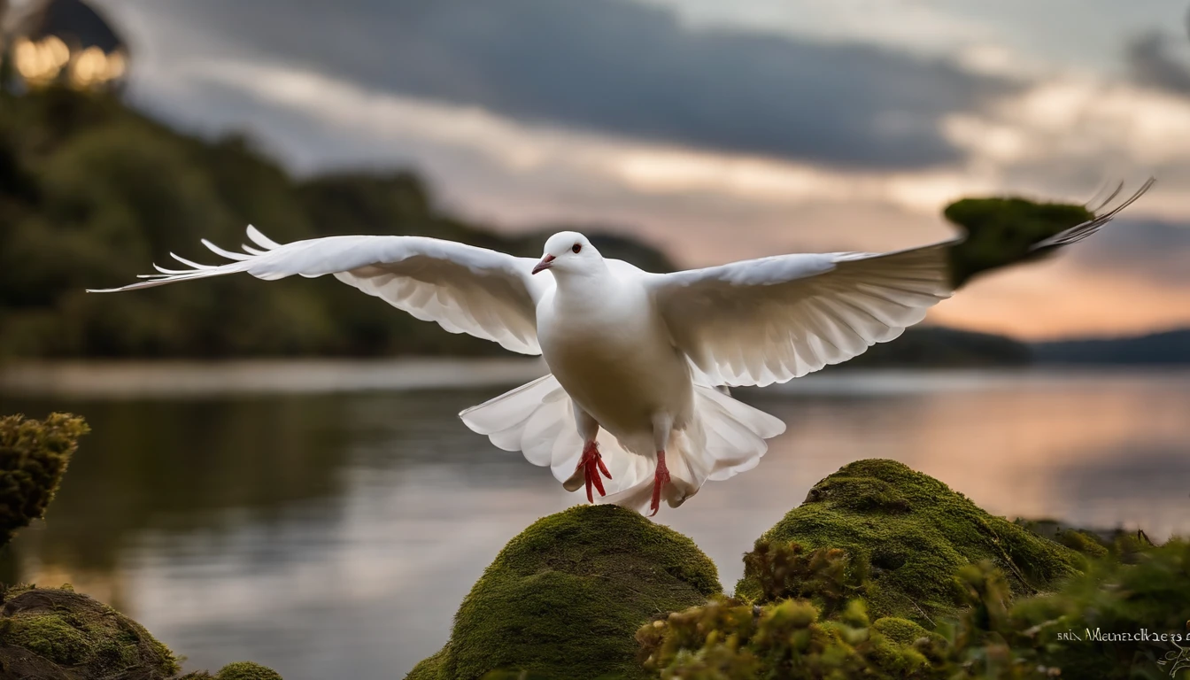 Por favor, Create an image of a white house dove that is floating gently in the air, as though she is dancing. I want the image to convey a sense of hope and tranquility. A pomba da casa deve parecer leve e graciosa, com asas brancas amplas que se movem suavemente. A paisagem circundante deve ser serena, with a clear blue sky and some fluffy clouds. A luz do sol deve iluminar a cena, criando um ambiente acolhedor e reconfortante. Por favor, ensure that the image conveys a sense of optimism and promise of a better future. ULTRARREALISTA, 8k, fotorrealista