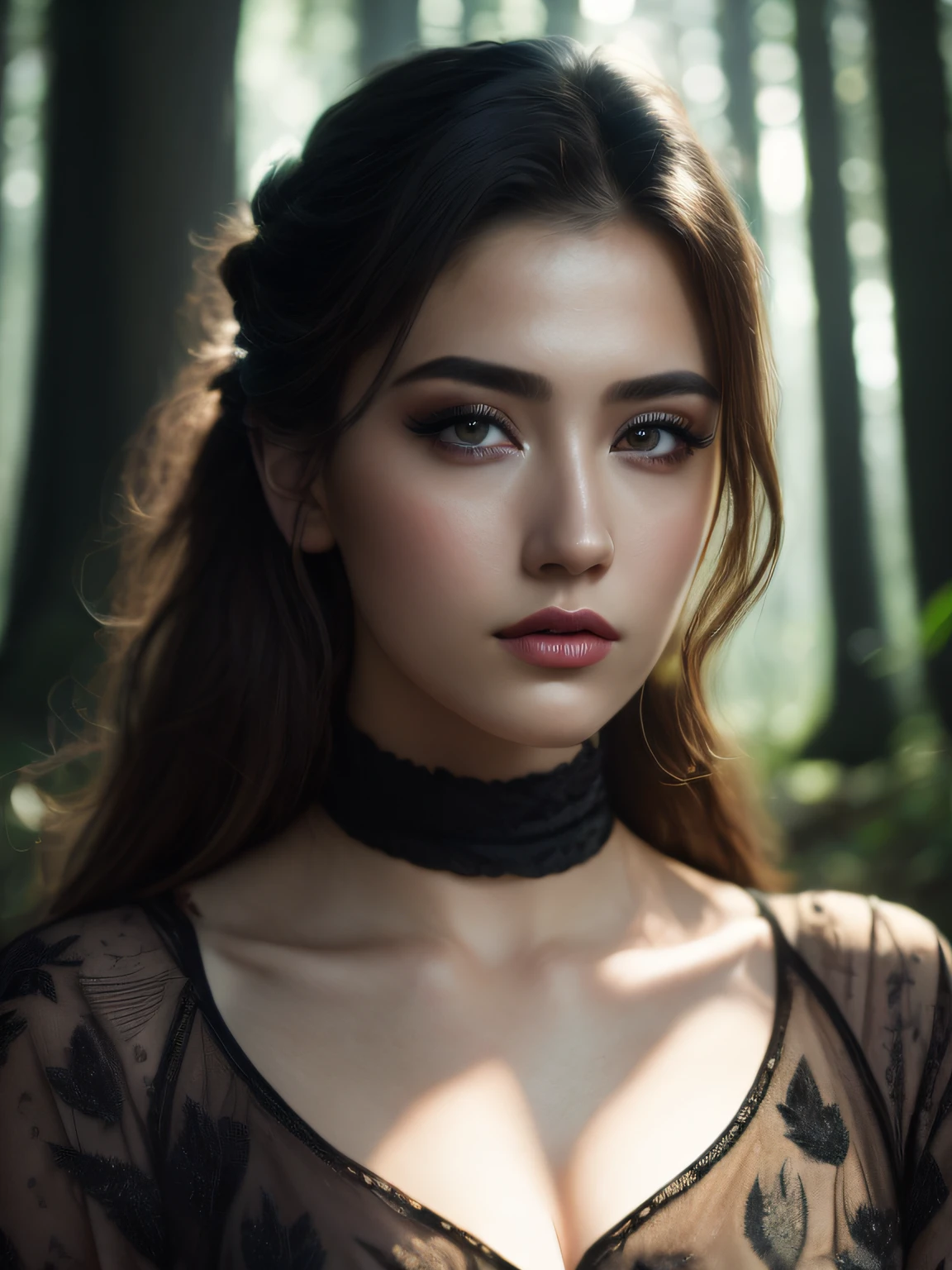 Close-up of a beautiful woman in the forest with heavy makeup, soft volumetric light, (backlight: 1.3), (movie: 1.2), intricate details, (ArtStation: 1.3), Rutkowski