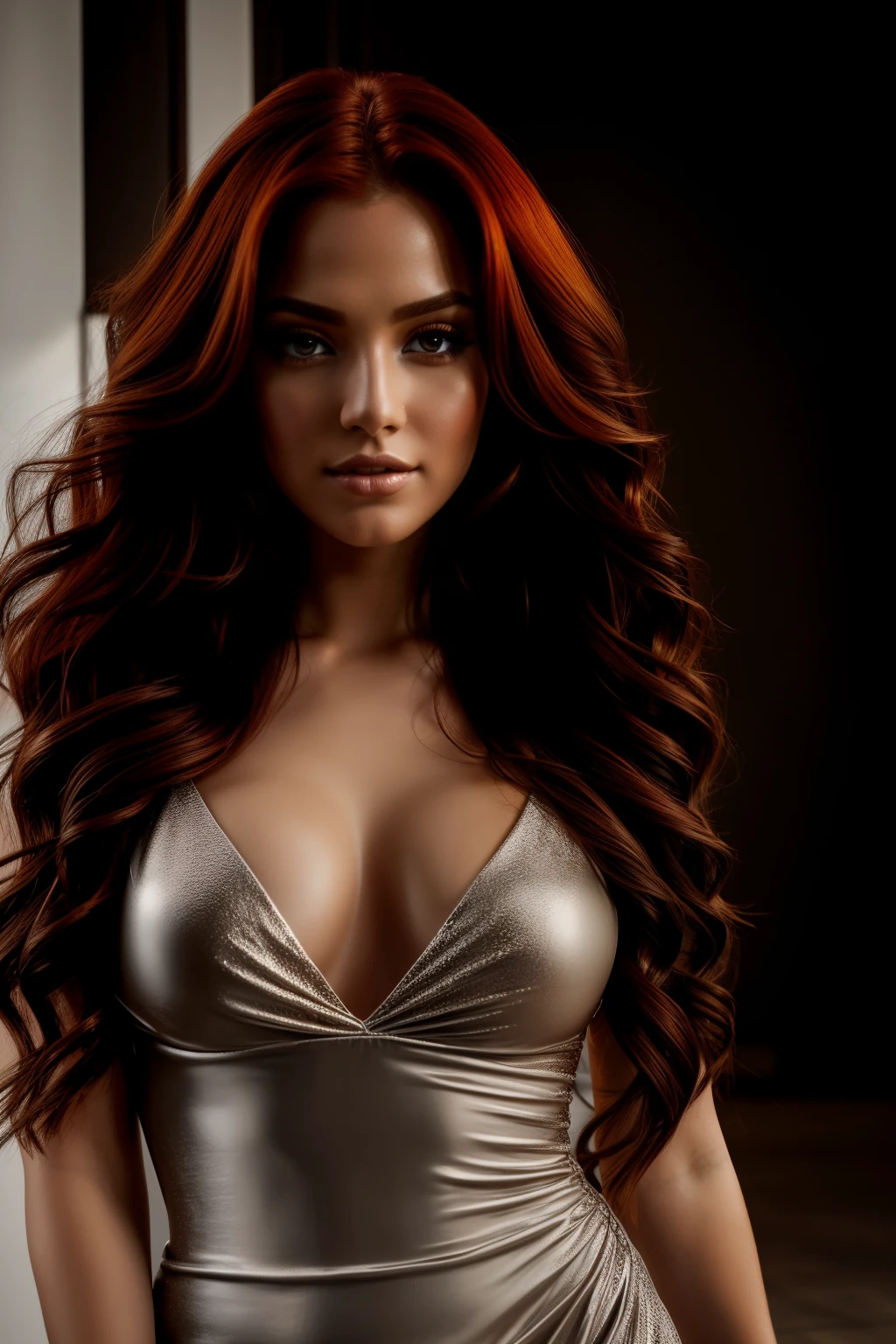 Natural photography of a beautiful girl, wearing a short silver dress, high heels, dressed for party, makeup, long flowing red hair, big bust, locks eyes into the camera, eyeshadow, symmetrical eyes, symmetrical face, photorealistic, photography, path tracing, specular lighting, volumetric face light, path traced hair, visible shadows, intricate, elaborate, city background, black eyeliner,