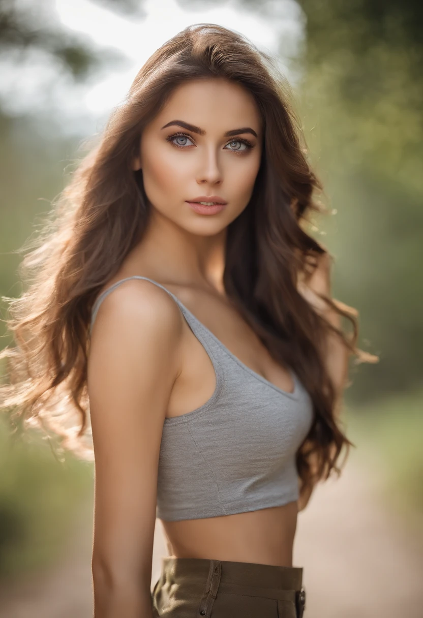 arafed woman with a white tank top and a necklace, sexy girl with green eyes, portrait sophie mudd, brown hair and large eyes, selfie of a young woman, bedroom eyes, violet myers, without makeup, natural makeup, looking directly at the camera, face with artgram, subtle makeup, stunning full body shot, piercing green eyes, beautiful angle, attractive pose, cute girl, sexy pose, full body picture, full body, full body shoot, brunette goddess, high detail, satisfied pose, wearing grey skirt and boots, skirt, boots, selfie