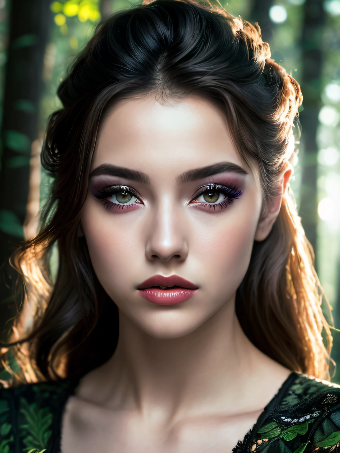 Close-up of a beautiful woman in the forest with heavy makeup, soft volumetric light, (backlight: 1.3), (movie: 1.2), intricate details, (ArtStation: 1.3), Rutkowski