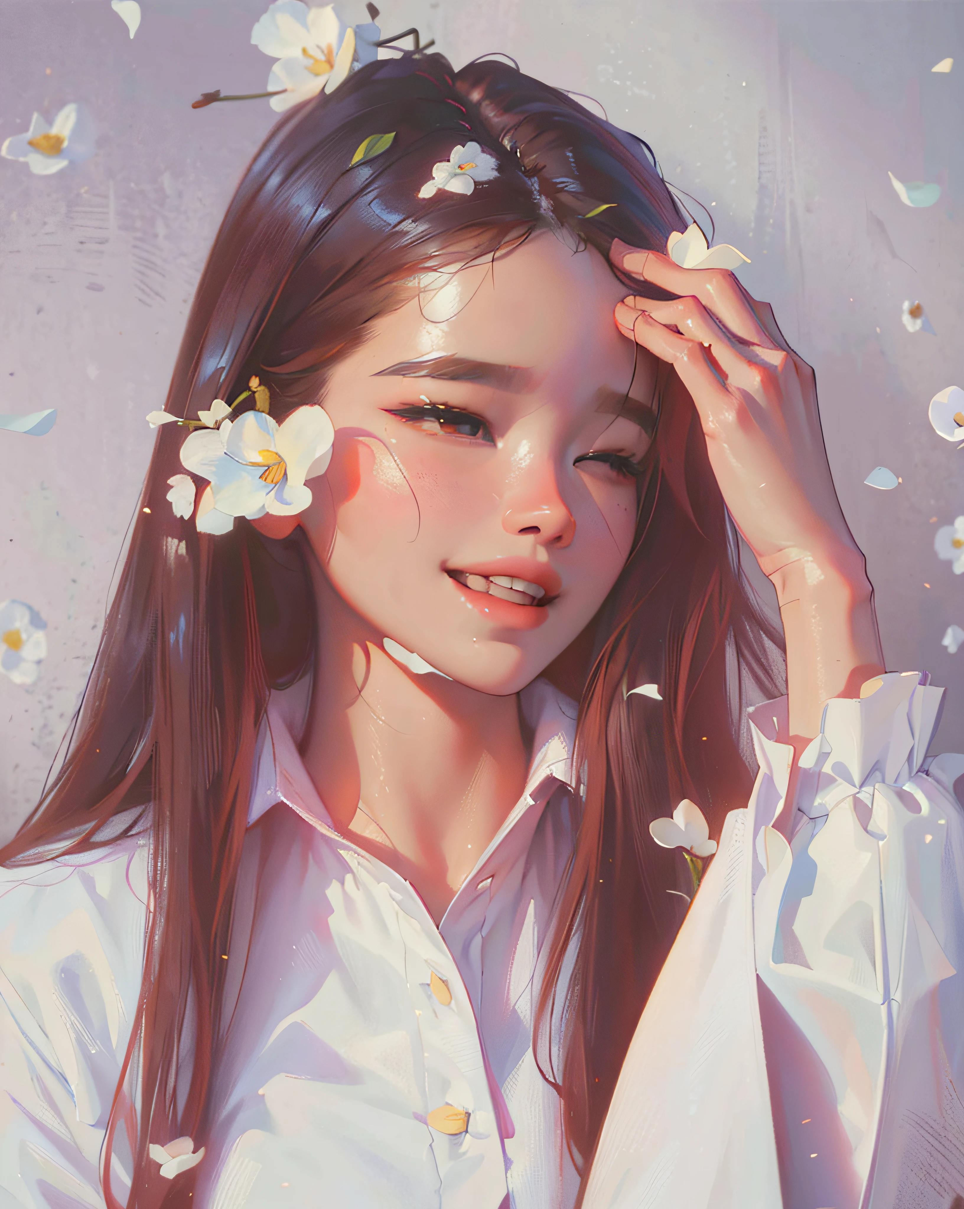 ((Best Quality, 8K, Masterpiece: 1.3)), best quality, ultra high res, (photorealistic:1.4),1girl,iu, Lee Ji-eun, arms behind back, colorful, clear sharp focus, soft lights, Intricate details, perfect face, smiling, close eyes, there is a woman with long hair and flowers in her hair, with flowers, blackpink jennie, bae suzy, jaeyeon nam, inspired by Kim Jeong-hui, by Kim Hwan-gi, park ji-min, her face looks like an orchid, portrait of jossi of blackpink, sakimichan, jossi of blackpink, iu, taejune kim