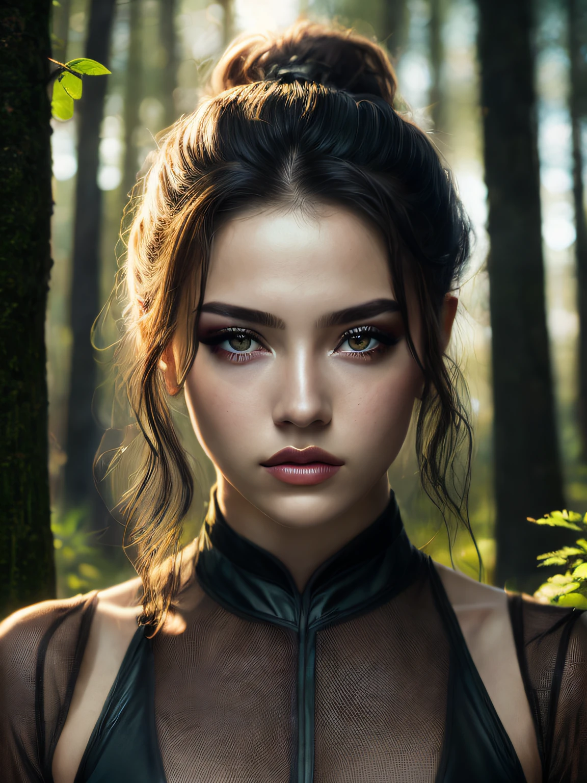 Close-up of a beautiful woman in the forest with heavy makeup, soft volumetric light, (backlight: 1.3), (movie: 1.2), intricate details, (ArtStation: 1.3), Rutkowski