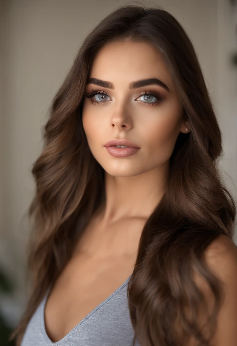 Arafed Mujer con camiseta sin mangas y bragas a juego, Chica sexy con ojos marrones, Retrato Sophie Mudd, brown hair and large eyes, selfie de una mujer joven, Ojos del dormitorio, Violeta Myers, sin maquillaje, Maquillaje natural, staring directly into camera, cara con artgram, maquillaje sutil, Impresionante foto de cuerpo completo, en la oficina, escote