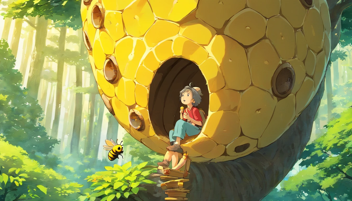 Design a captivating image of the traveler, temporarily forgetting his peril, as he tastes the sweet honeydrops from a beehive on the tree.