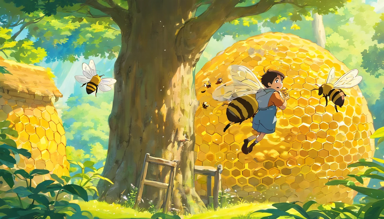 Design a captivating image of the traveler, temporarily forgetting his peril, as he tastes the sweet honeydrops from a beehive on the tree.