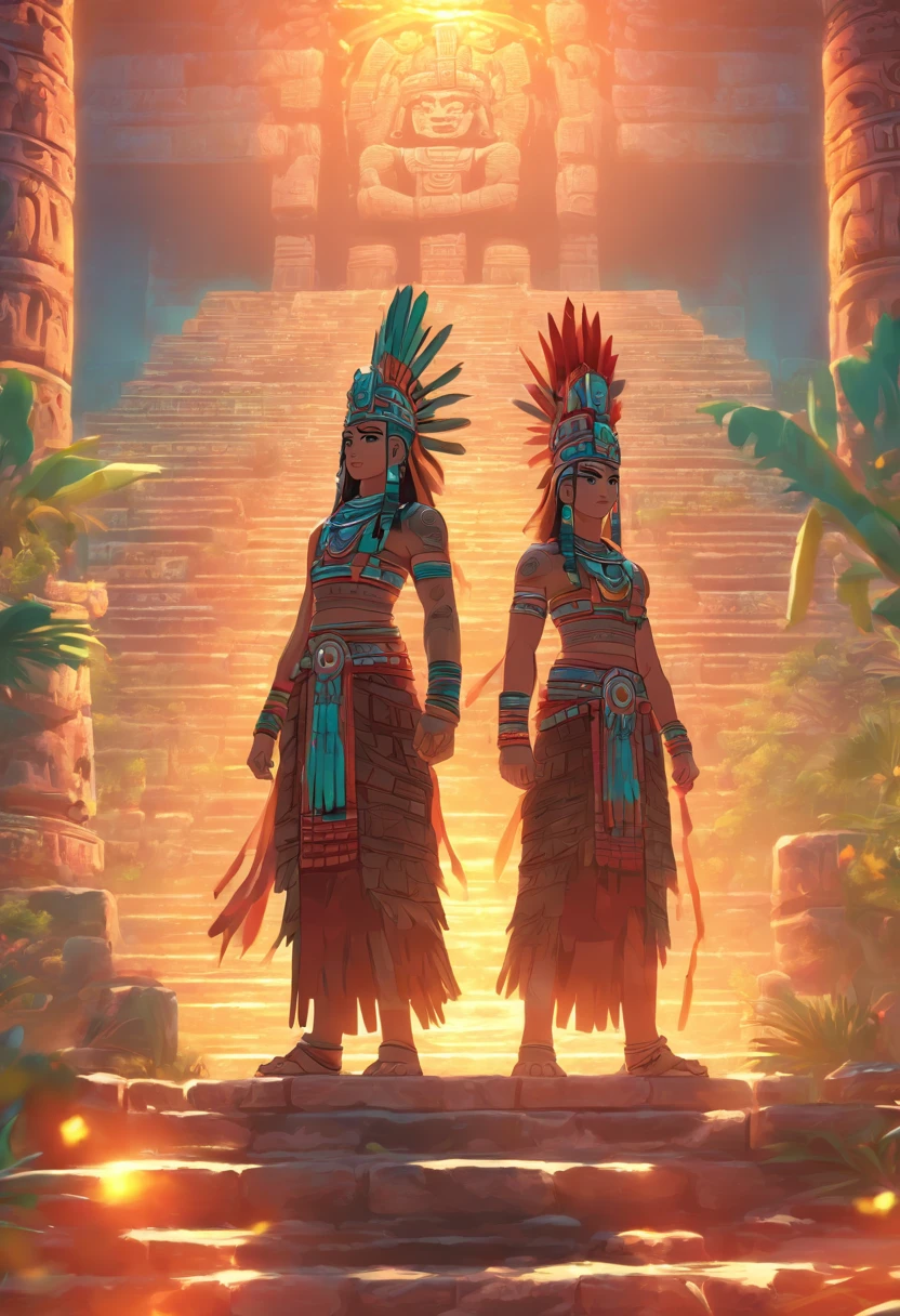 (((Mayan twins)))best quality, ultra-high resolution, 4K detailed CG, master piece,Hun-Hunahpu,Vucub-Hunahpu temple,Mayan clothing,Mayan mythology,cactus, stream, desert, sunlight, Mexico, aesthetics, Beautiful image, centered on the screen