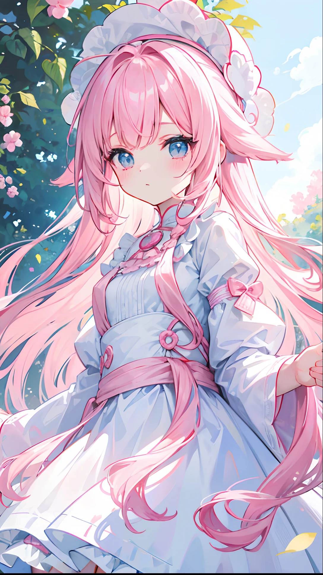 Long hair with light pink and white,Blue, White and pink clothes,She is a cute and cute girl,Transfer sister,It looks very light and gentle