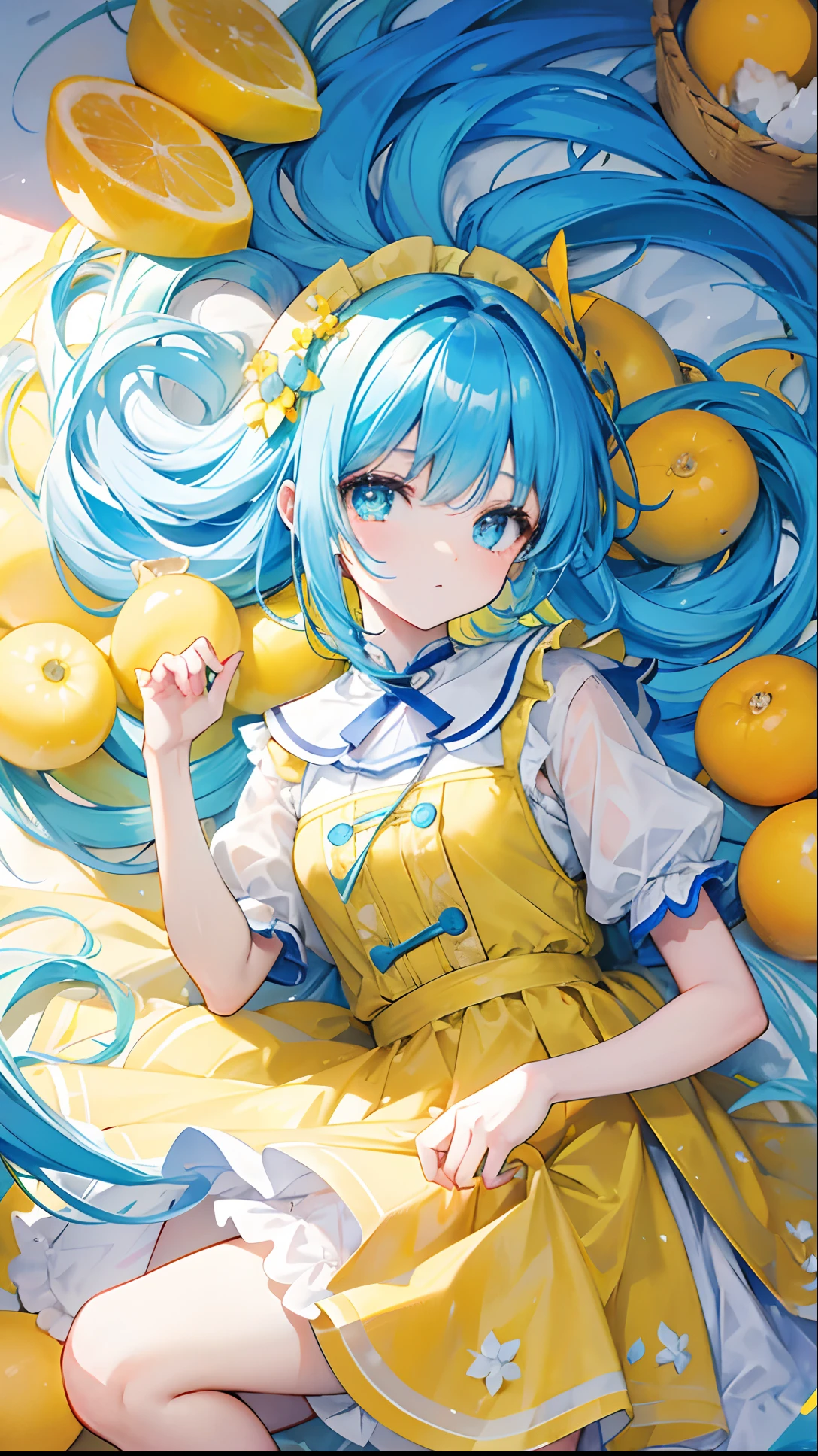 Glowing light bluish yellow with hair and pupils,Clothes in blue, yellow and white,Sweet girl,The whole is shining