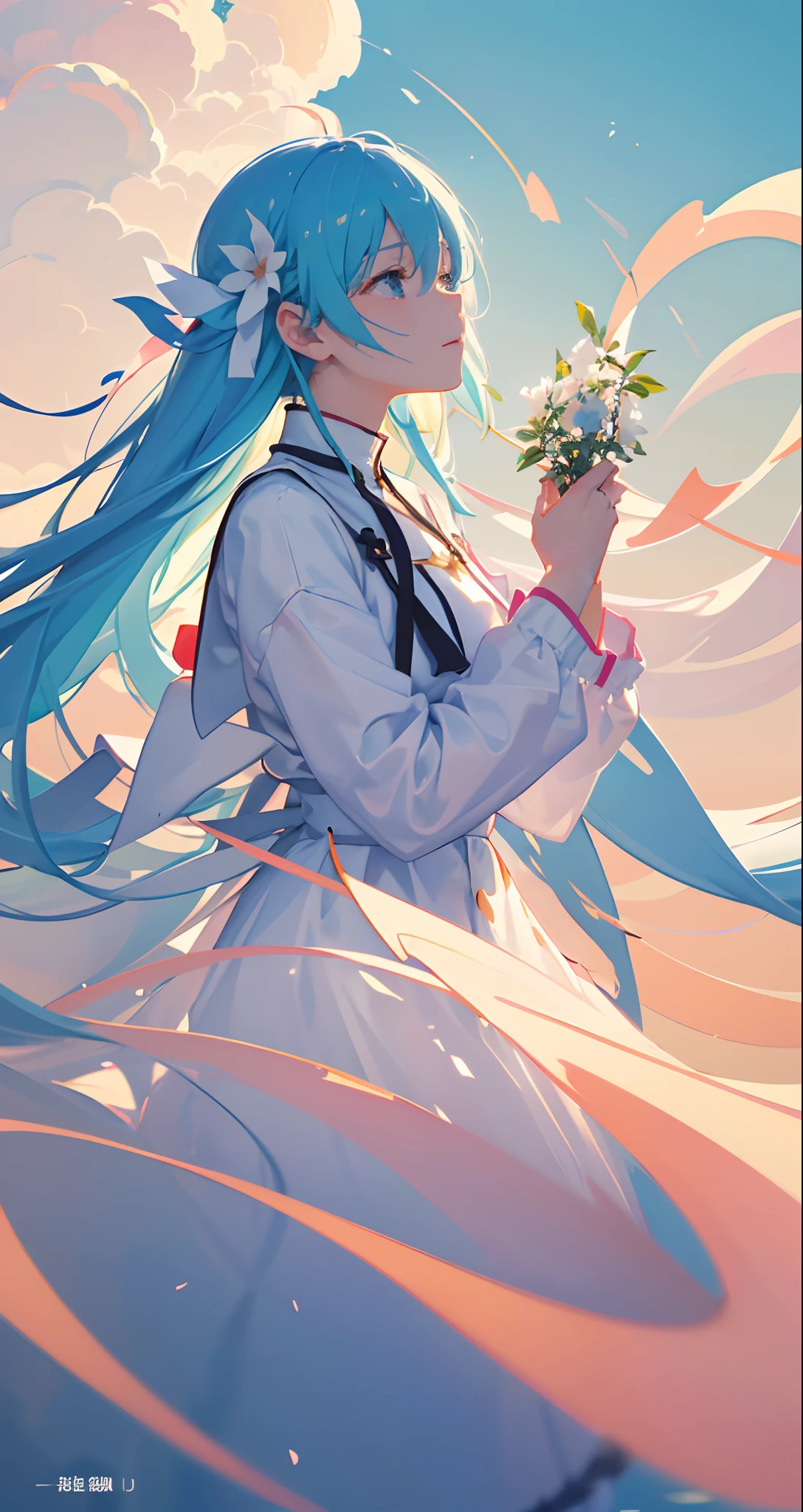 masterpiece、top-quality、Movie stills、One Girl、floating in sky、Cloud Girl、clouds、(a closeup:1.1)、with light glowing、happiness、A delightful、Soft lighting、(Bauhaus、form、line、abstracted:1.1)、nigh sky、stele、natta