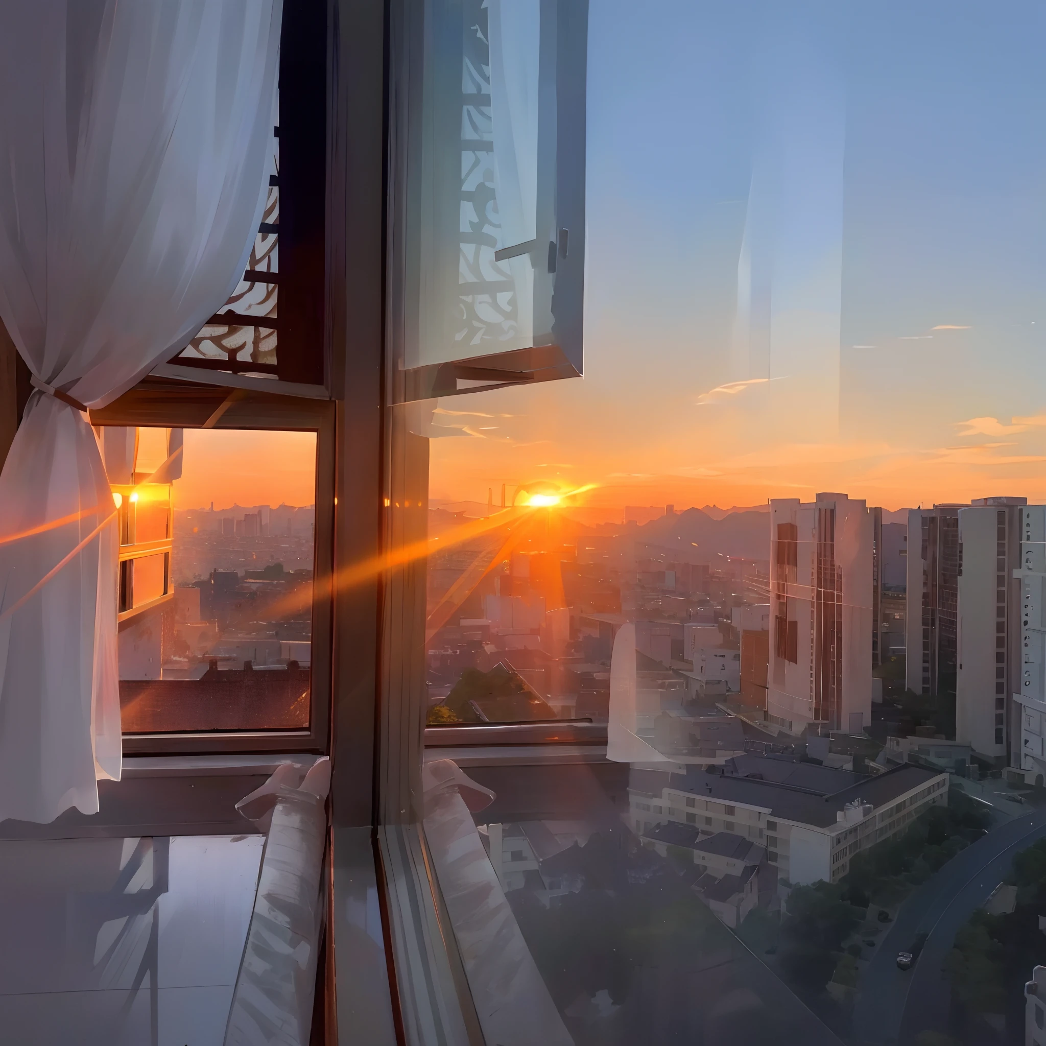 View of the city of Alafid from the curtain windows, golden hour in beijing, the sun reflecting on a window, cinematic morning light, View from the window of the metropolis, golden hour sunlight, beautiful morning, vista of a city at sunset, Sunset view, Sol da Hora de Ouro, 8k hdr morning light, Morning sunrise, summer morning, Early morning sunrise