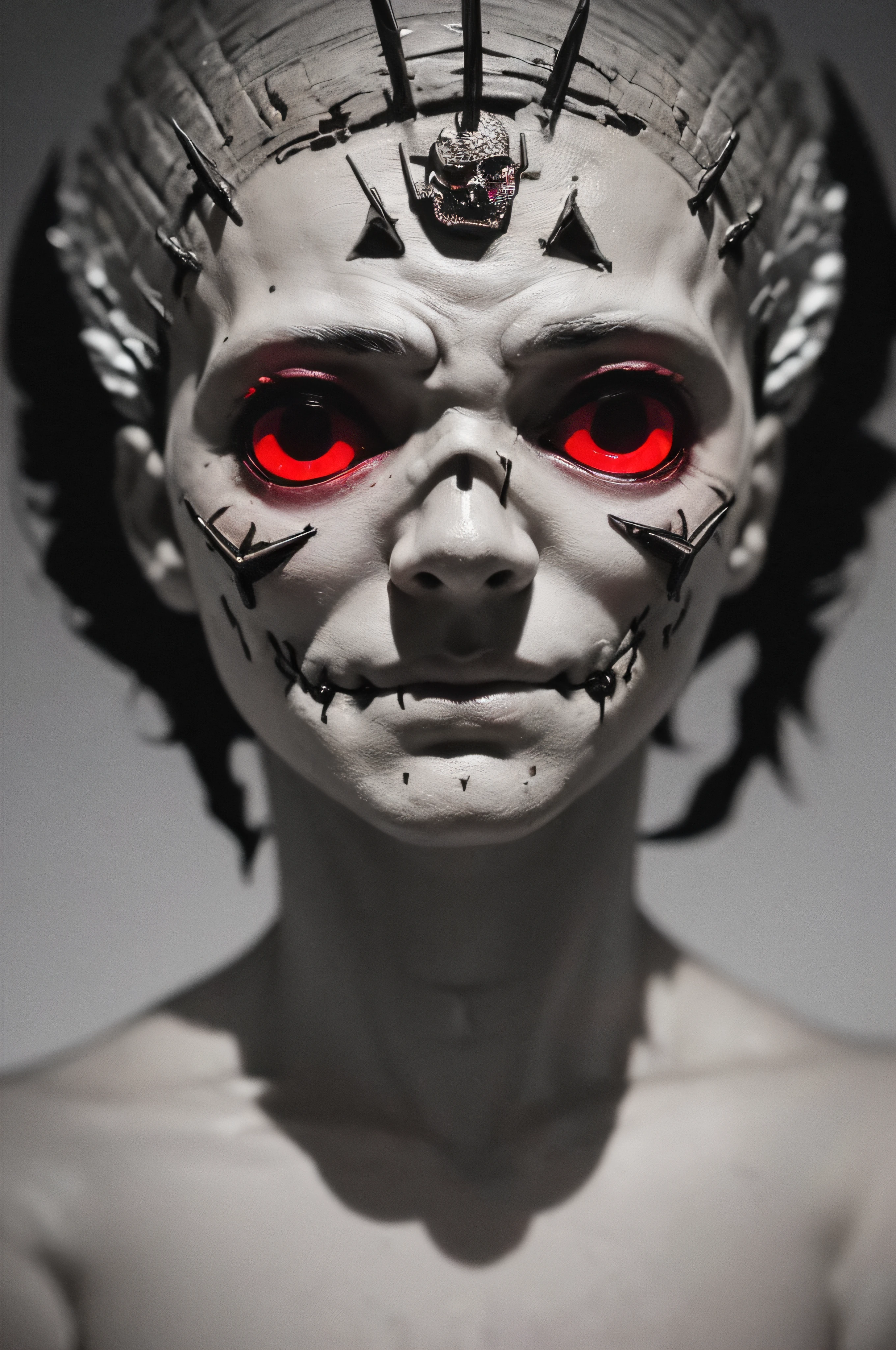 "(The best lighting, oscuro, dramatic),(feto calavera alien, Hellraiser, Cicatrices, , sexy, cerebro, sangre, una rata dentro de la cabeza, terror.),(ojos rojos, calaveras). morning light.